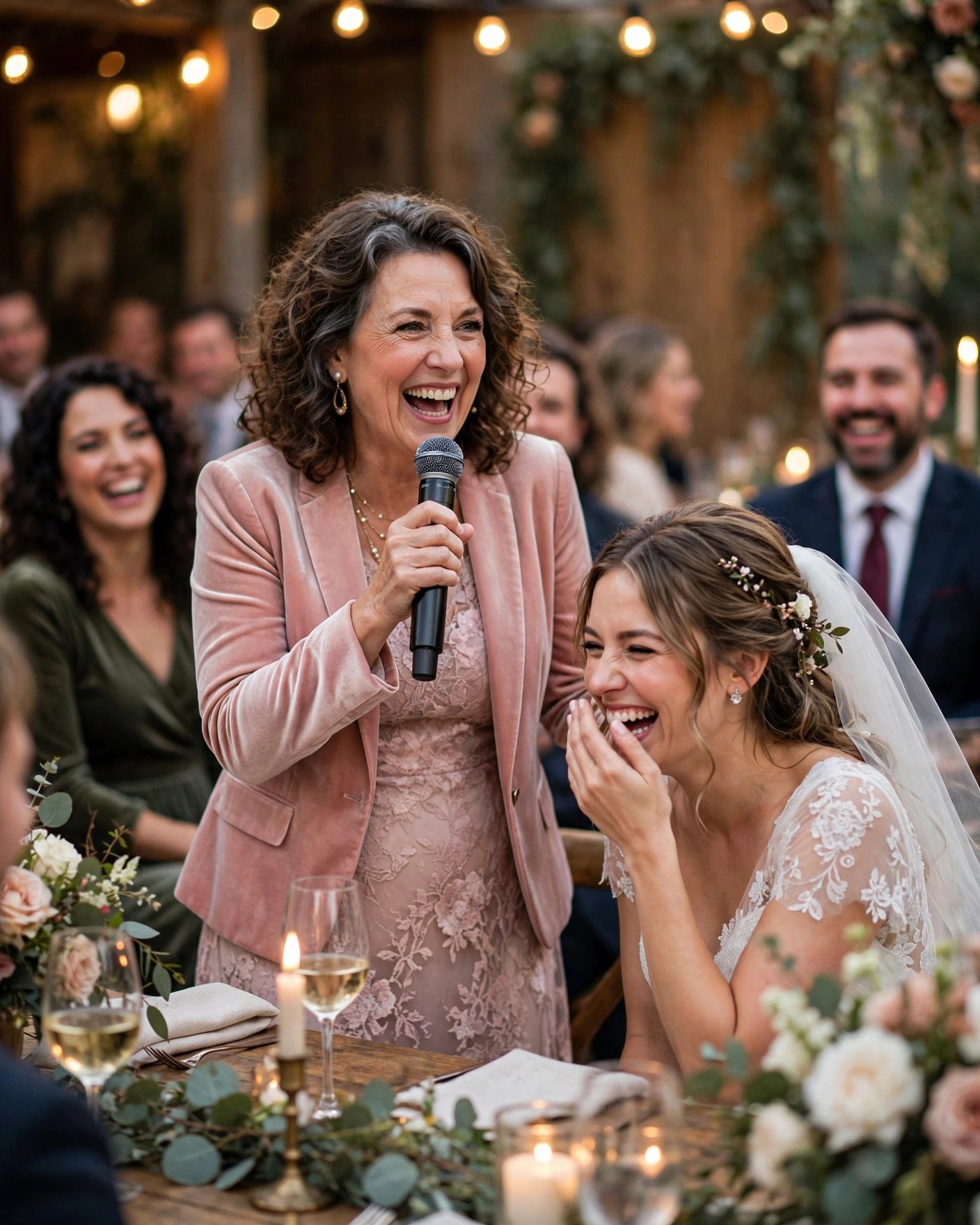 Laughing wedding guests during a funny mother of the bride toast
