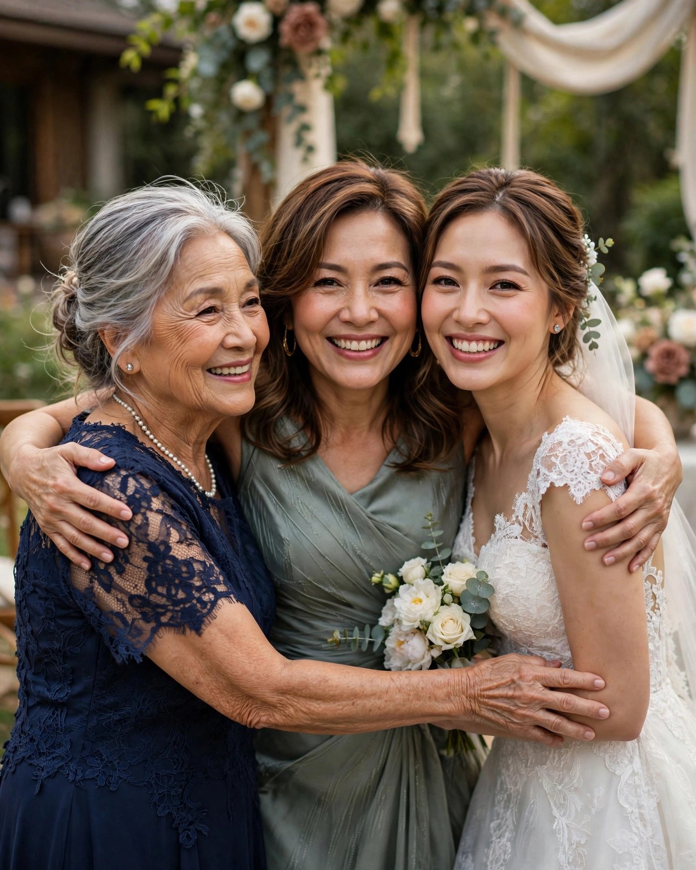Three generations of women together at a wedding celebration