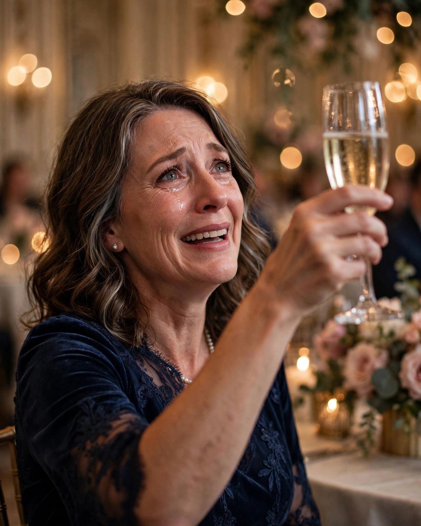 Emotional mother of the bride raising a toast at the wedding reception