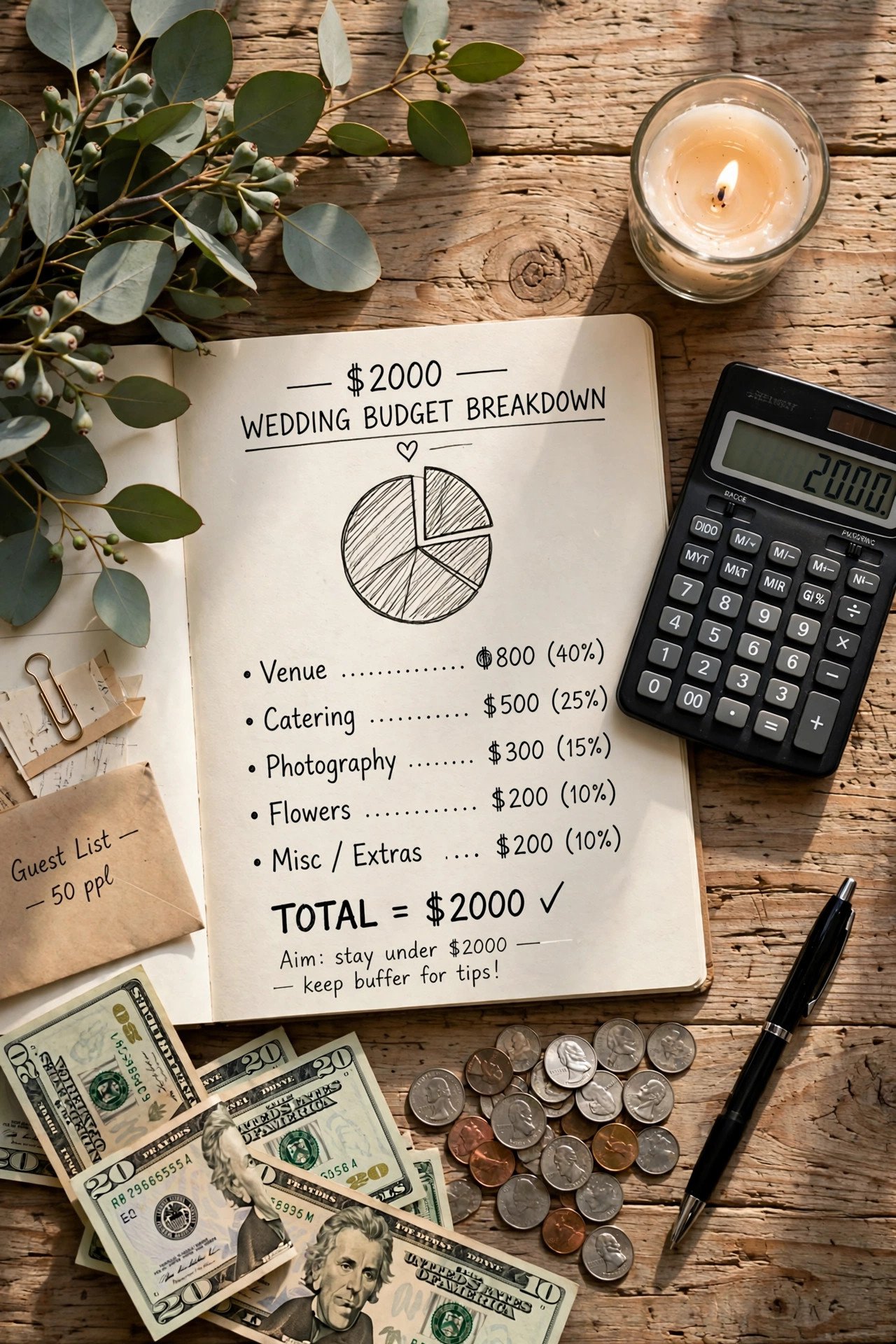 Wedding budget planning flat lay with notebook, calculator and $2000 breakdown chart
