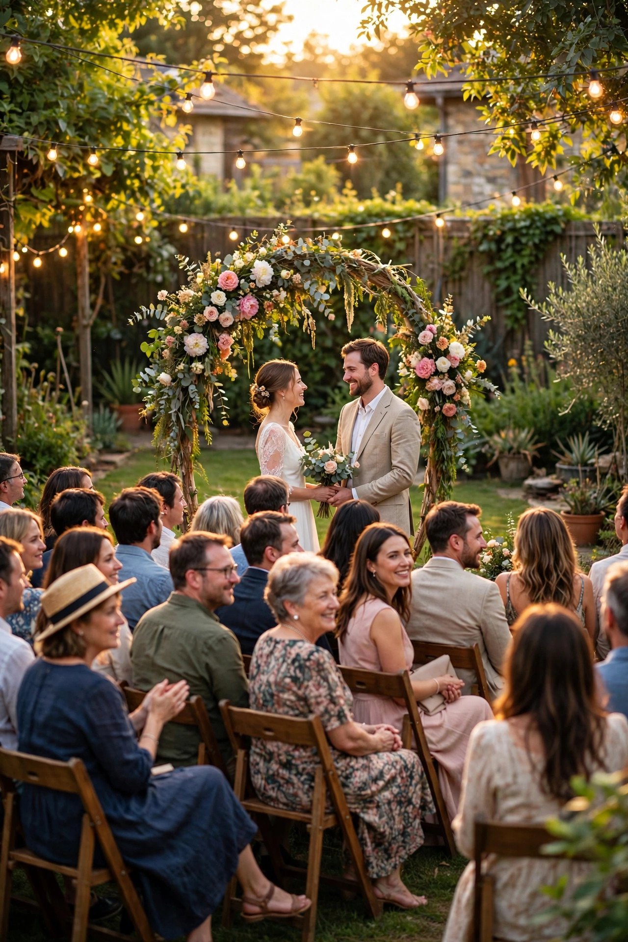 Intimate backyard wedding ceremony with a small group of guests at golden hour