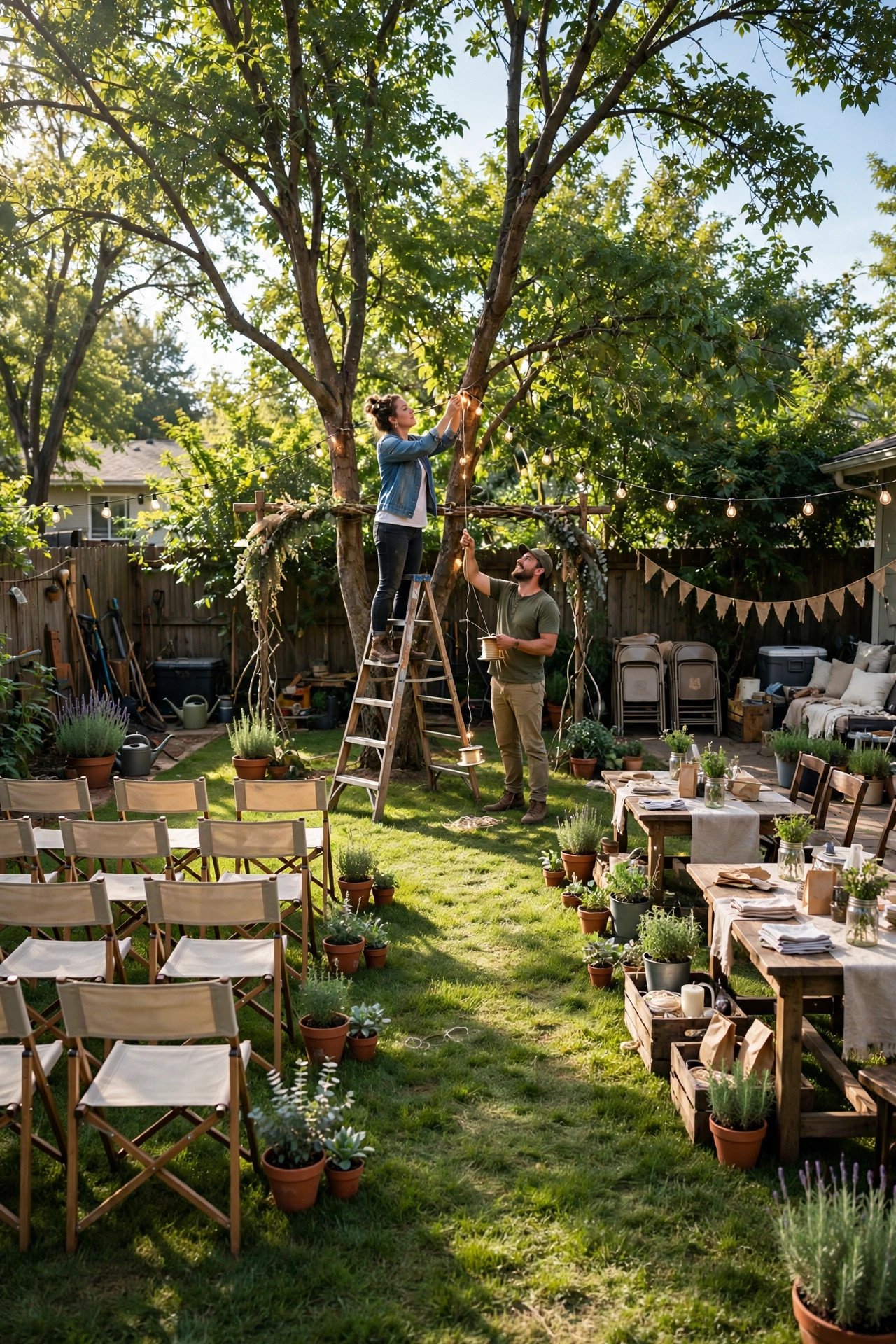 Couple preparing their backyard for a wedding, hanging string lights between trees