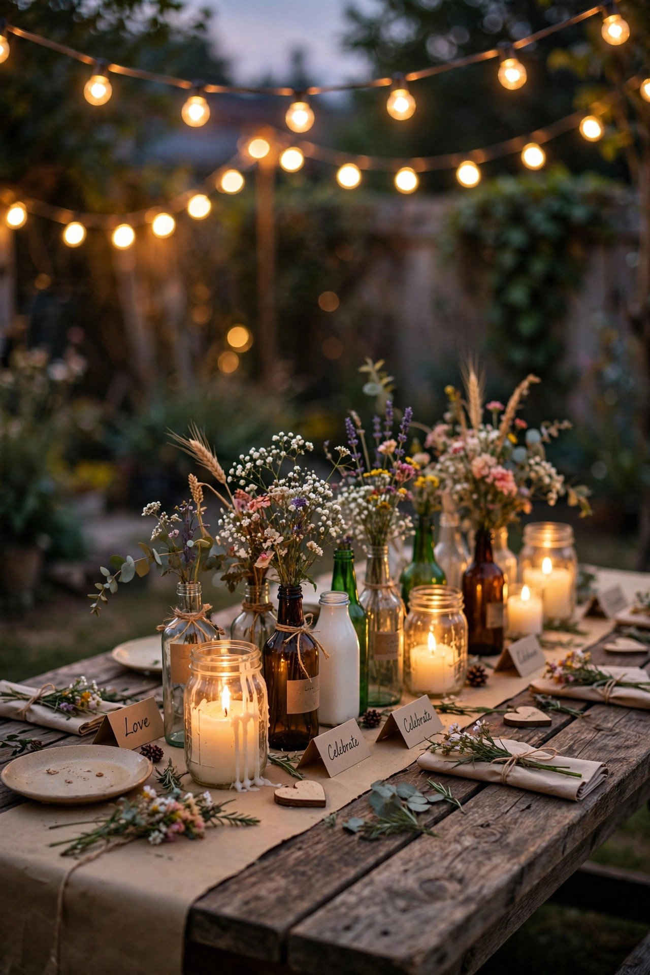 DIY budget backyard wedding reception table with mason jar candles and wildflowers