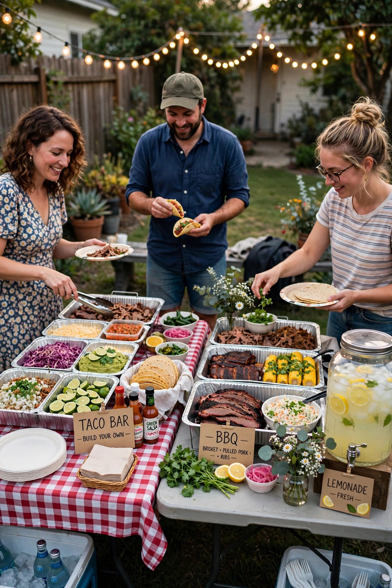 Affordable backyard wedding taco bar and barbecue buffet on folding tables