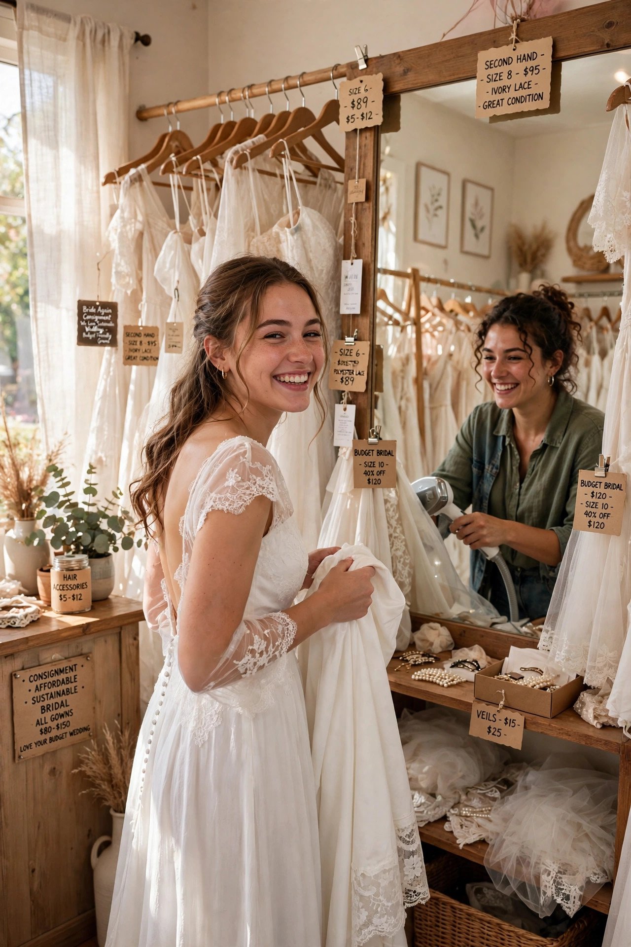 Bride trying on an affordable white wedding dress at a secondhand bridal boutique