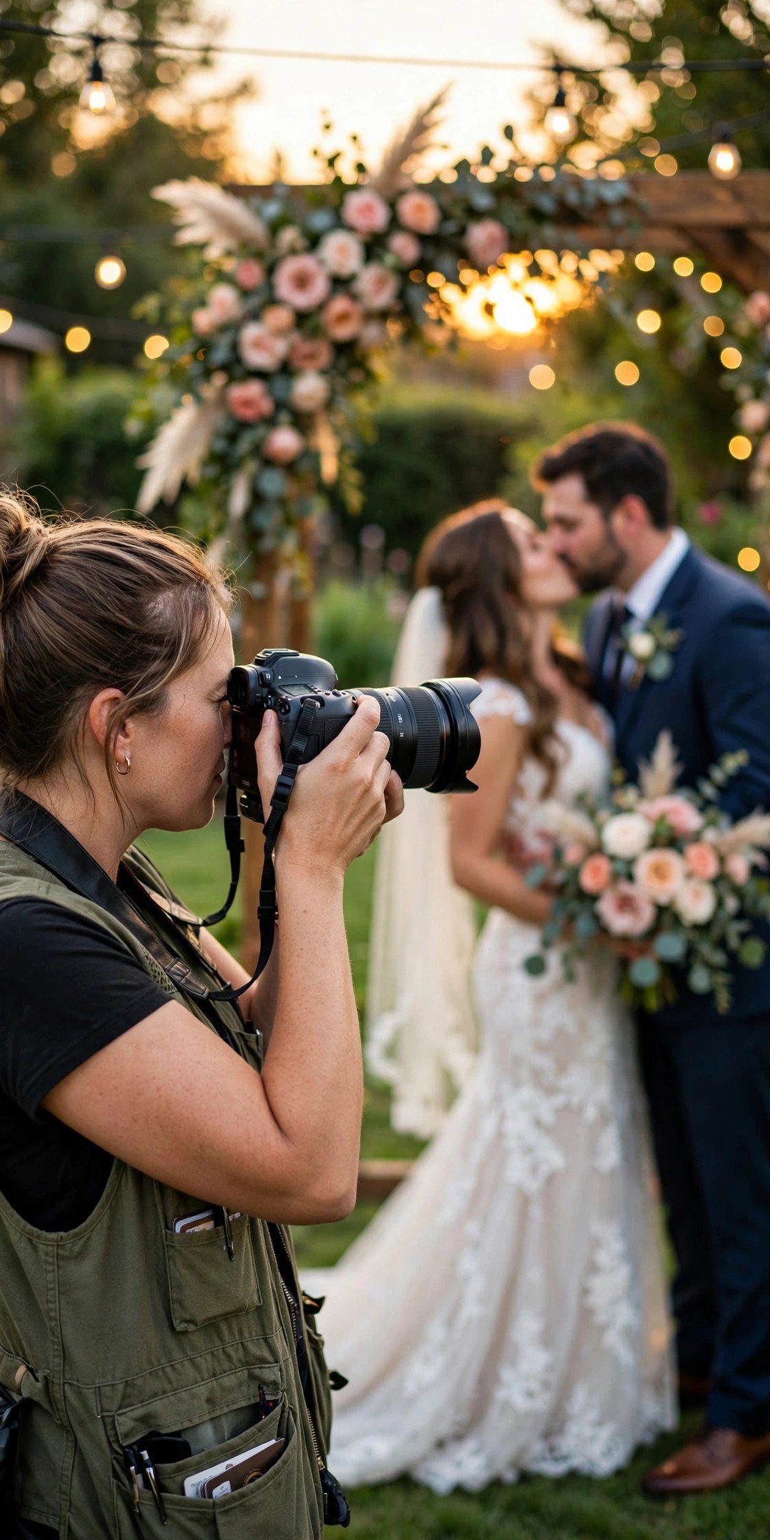 Wedding photographer capturing a couple kissing under a floral arch at sunset