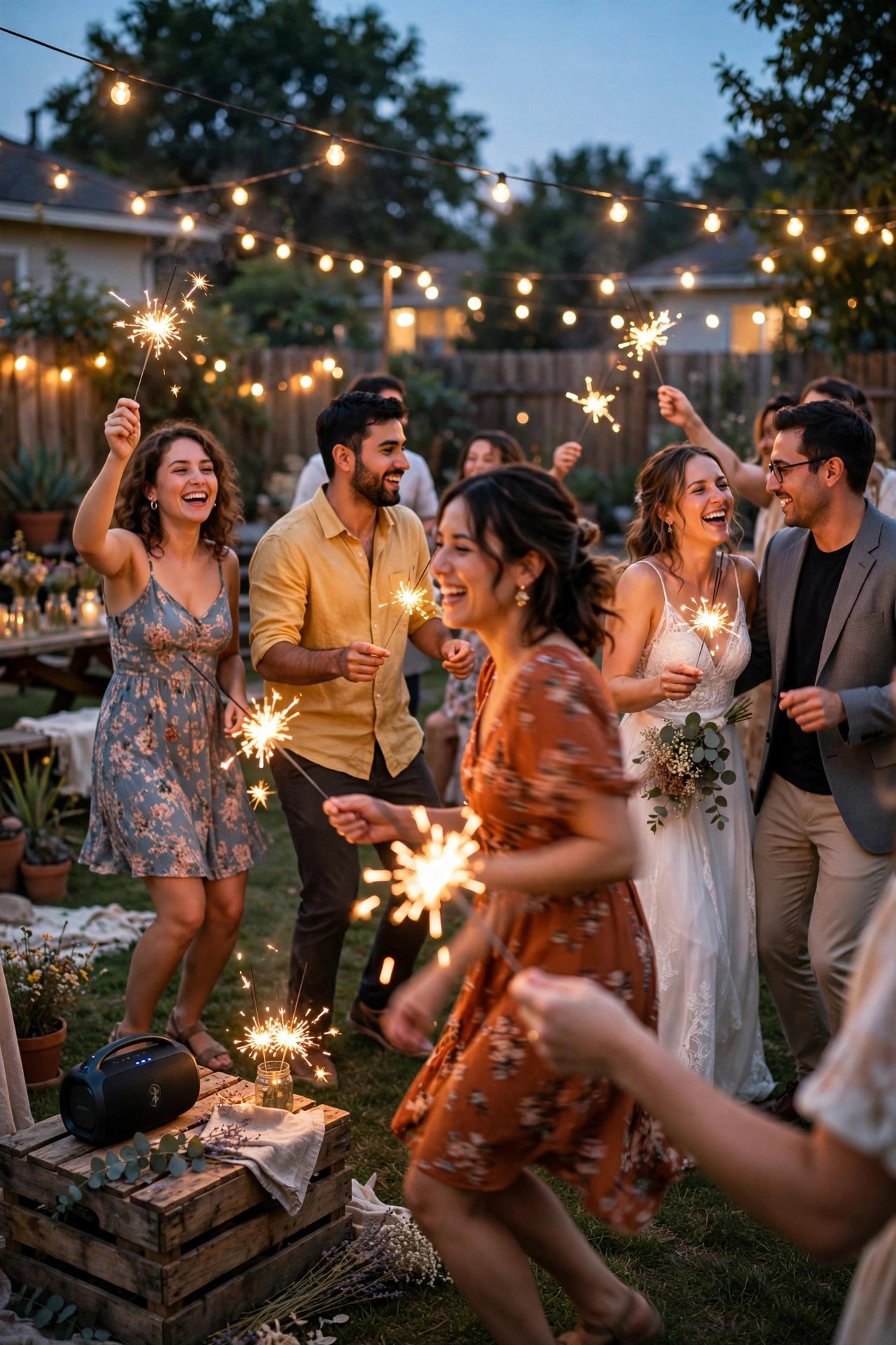 Backyard wedding dance party under fairy lights with guests dancing on the lawn