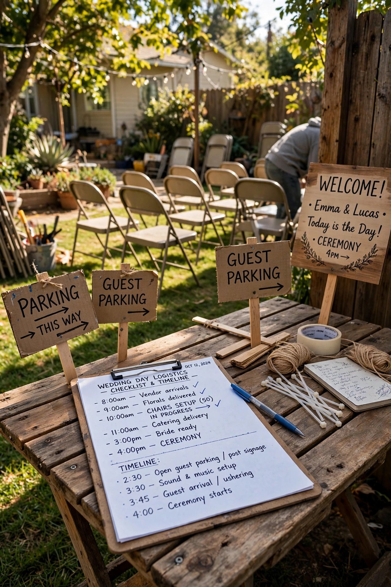 Wedding logistics planning with clipboard, timeline and hand-written parking signs in a backyard