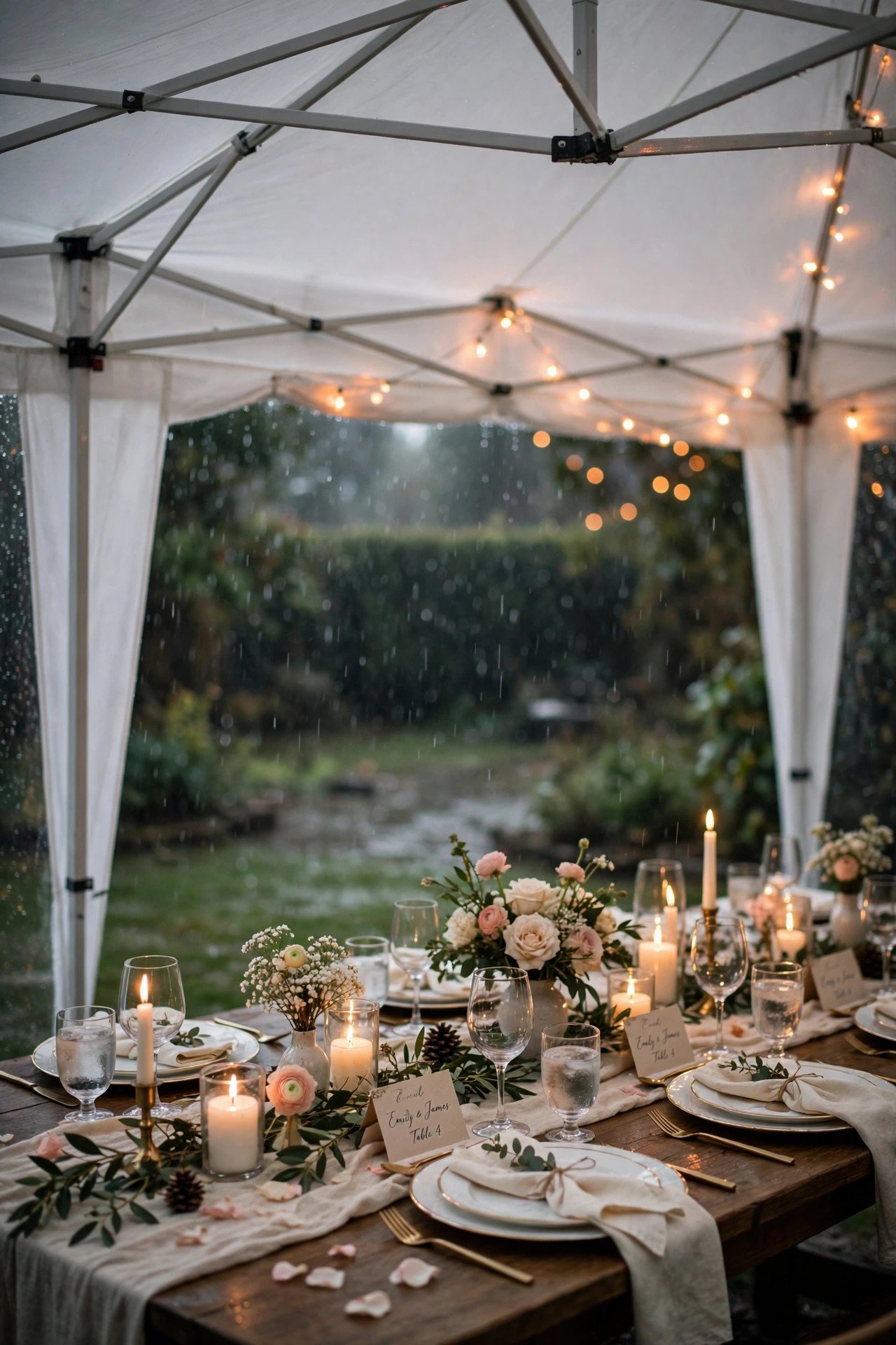 White pop-up canopy tent protecting a backyard wedding reception table in soft rain