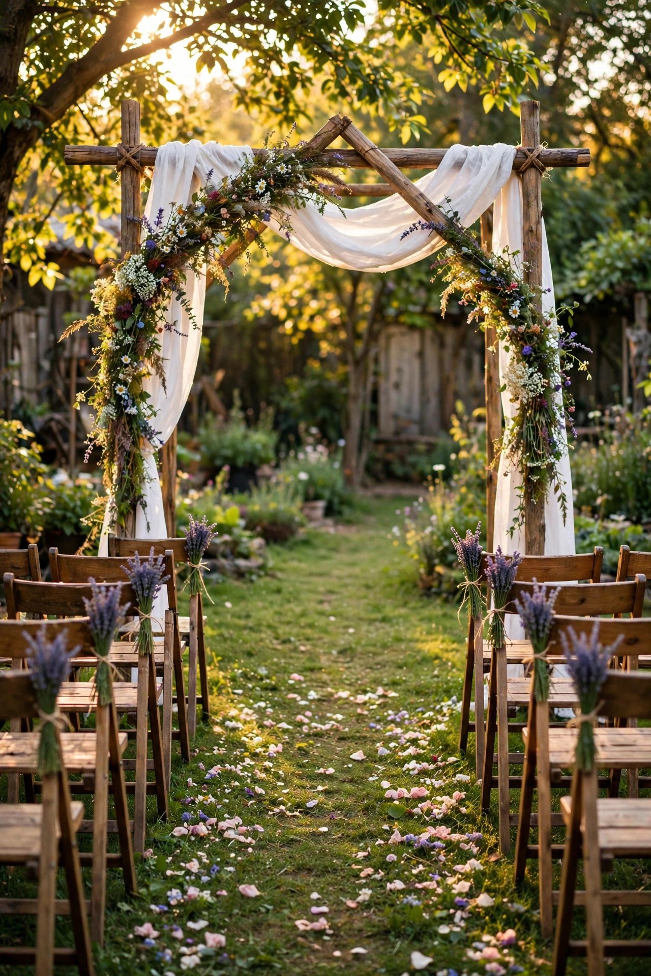 DIY backyard wedding ceremony with wooden arch, wildflower garlands and wooden folding chairs