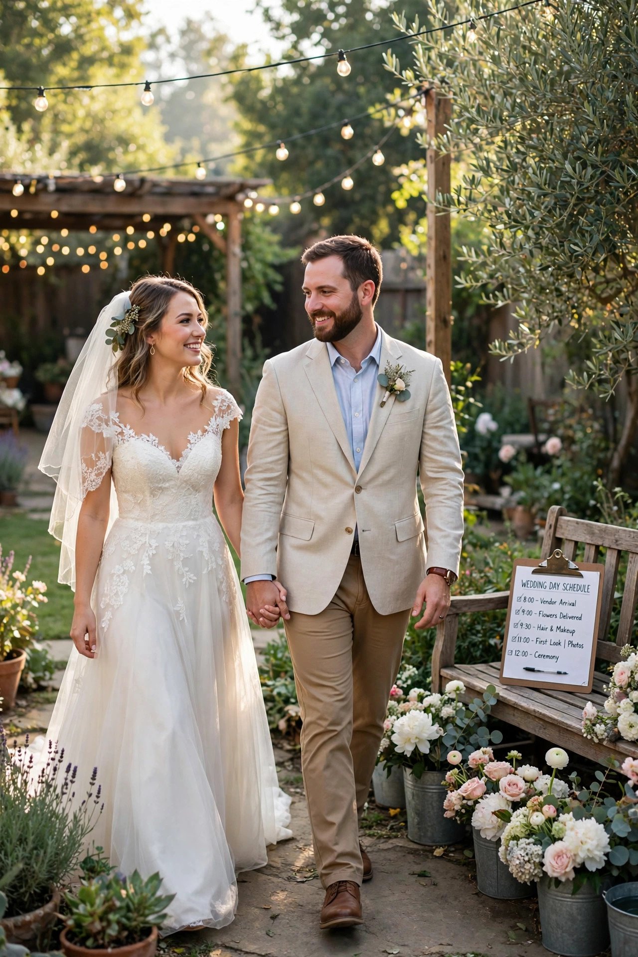 Bride and groom walking hand in hand across their backyard venue in the morning before guests arrive