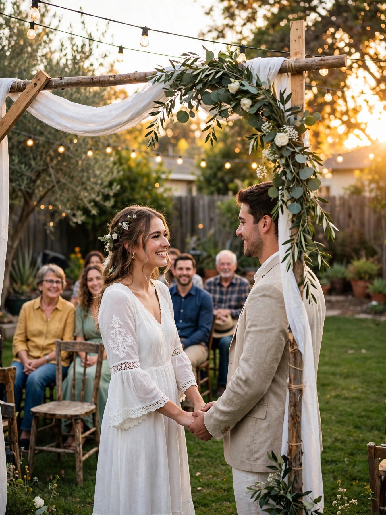Couple exchanging vows under a DIY arch at a beautiful backyard wedding at golden hour