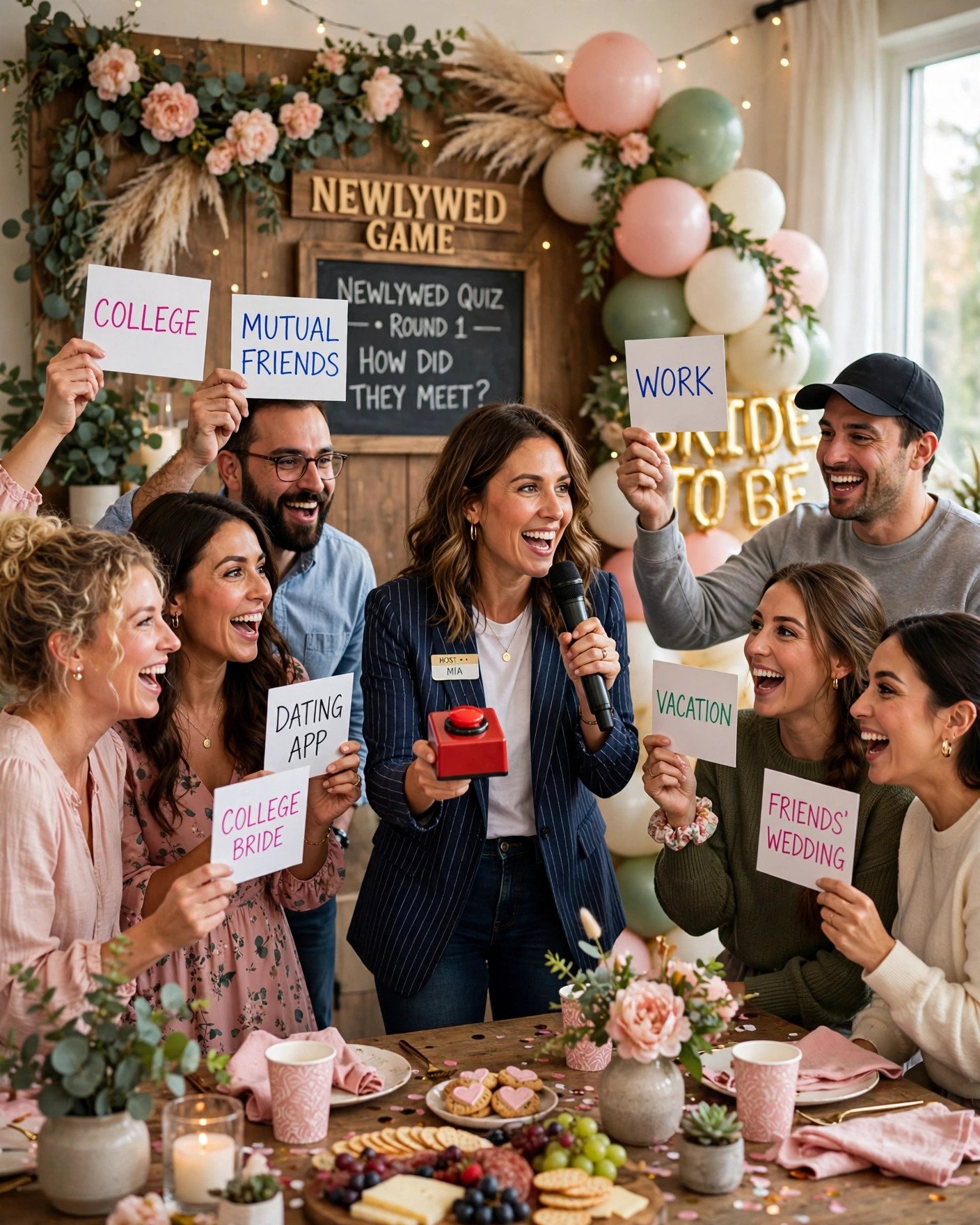 Bridal shower newlywed quiz game with guests holding answer cards