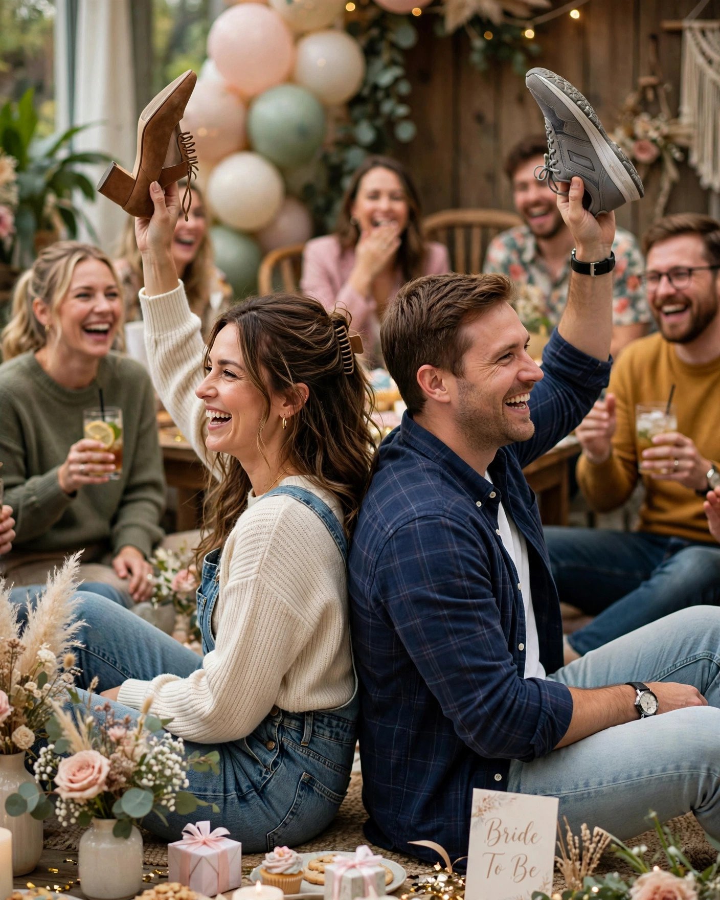 Couple playing the shoe game back to back at a co-ed bridal shower
