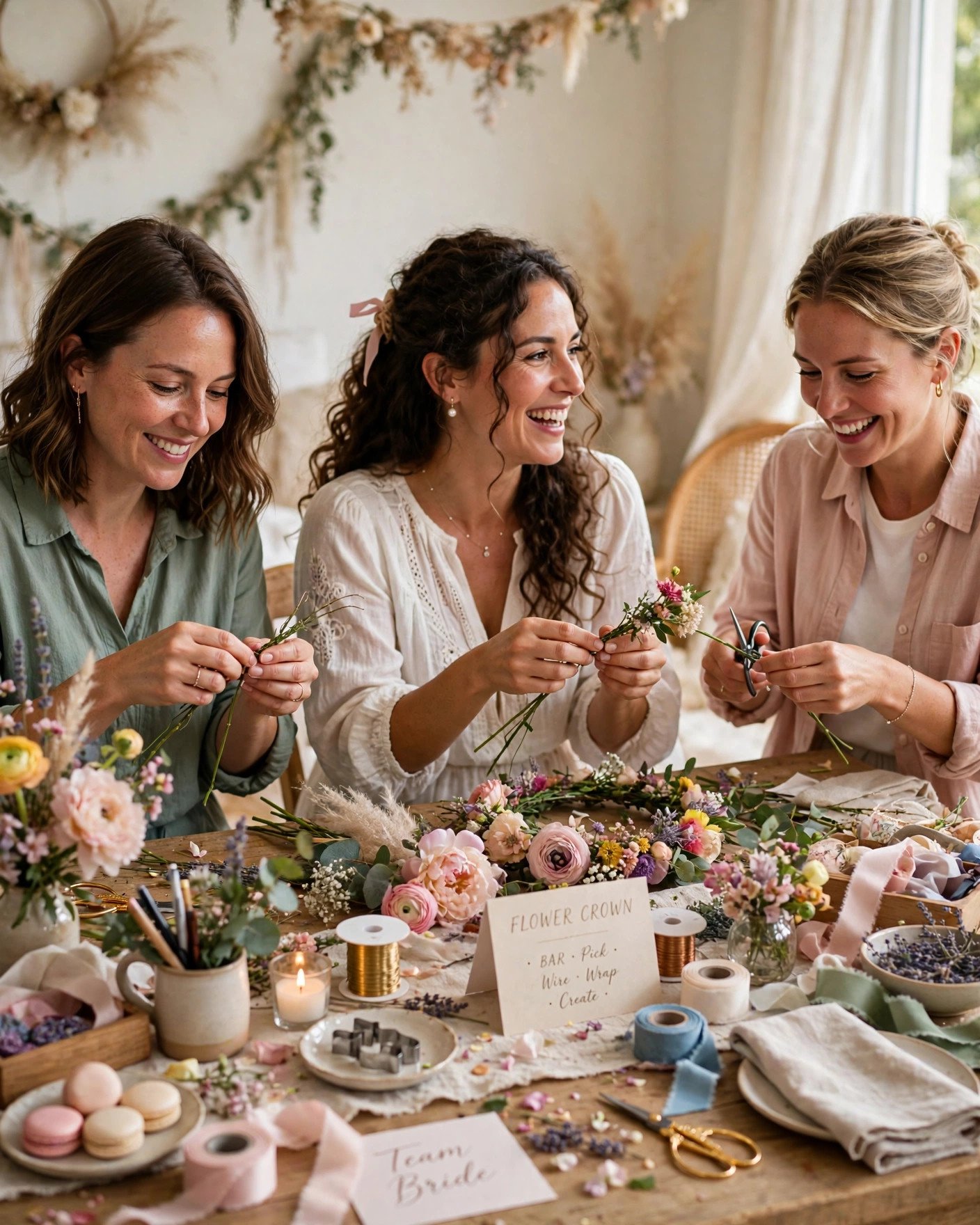 Bridal shower guests making flower crowns at a DIY station