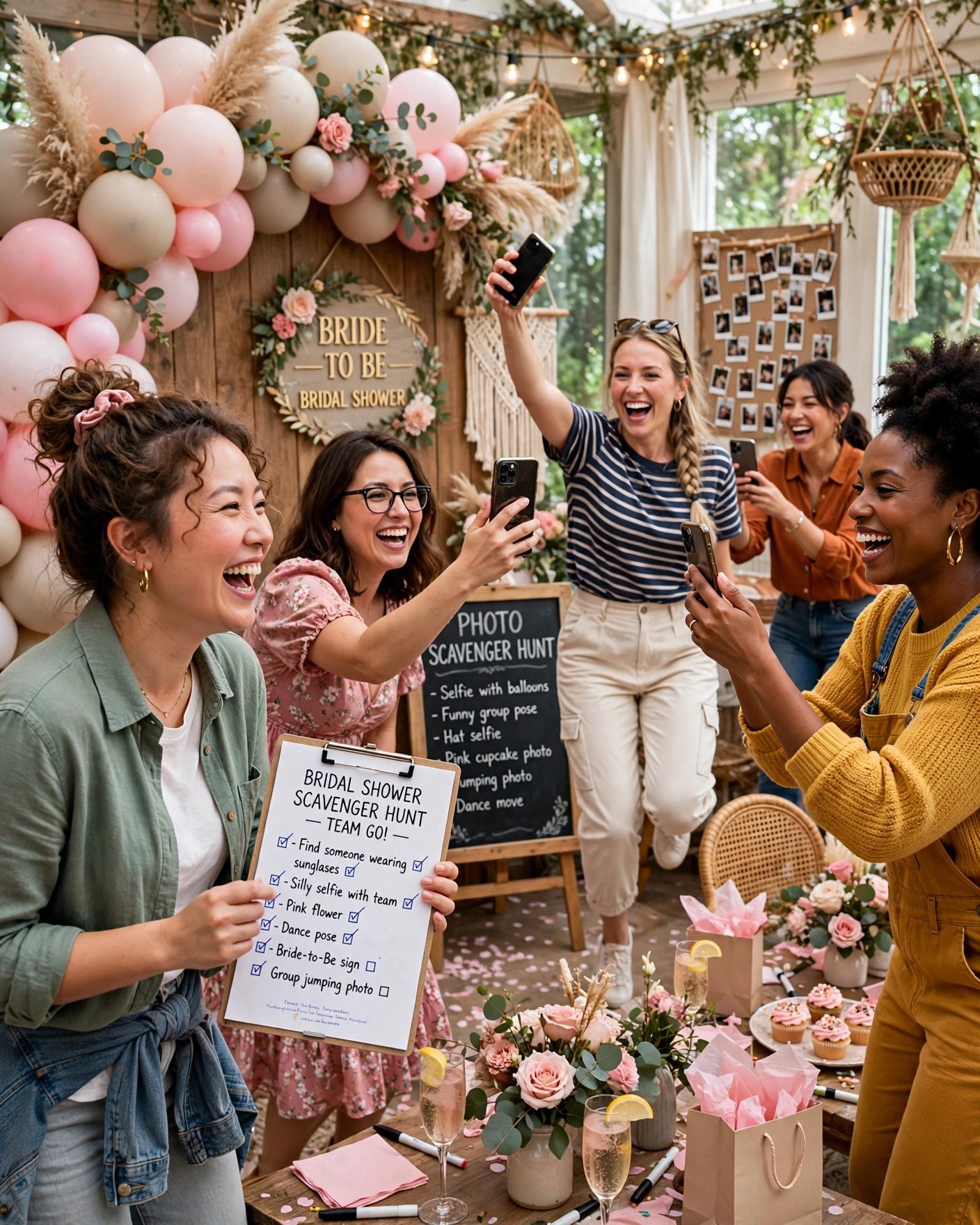 Bridal shower guests on a photo scavenger hunt with phones