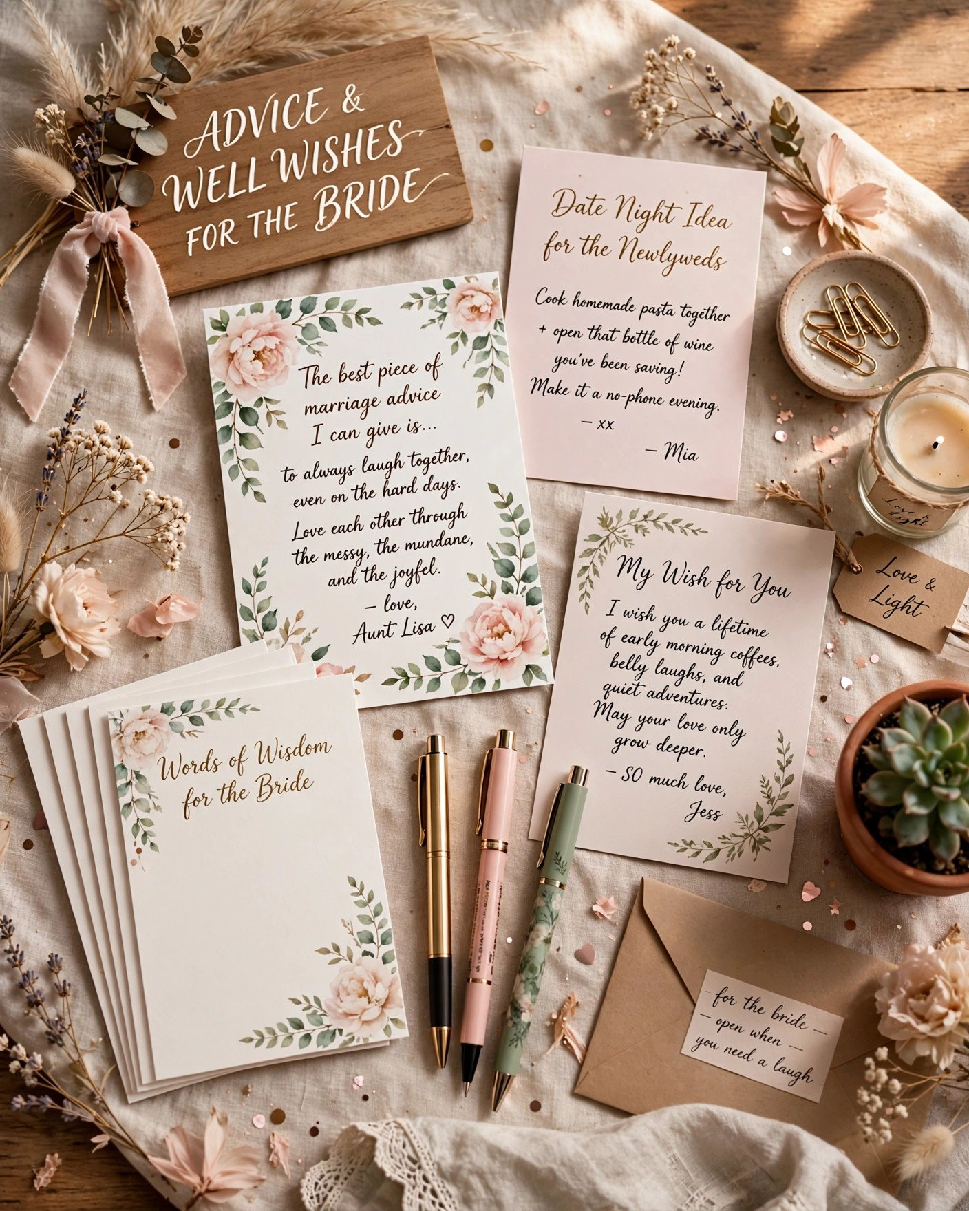 Beautifully decorated advice cards for the bride at a bridal shower