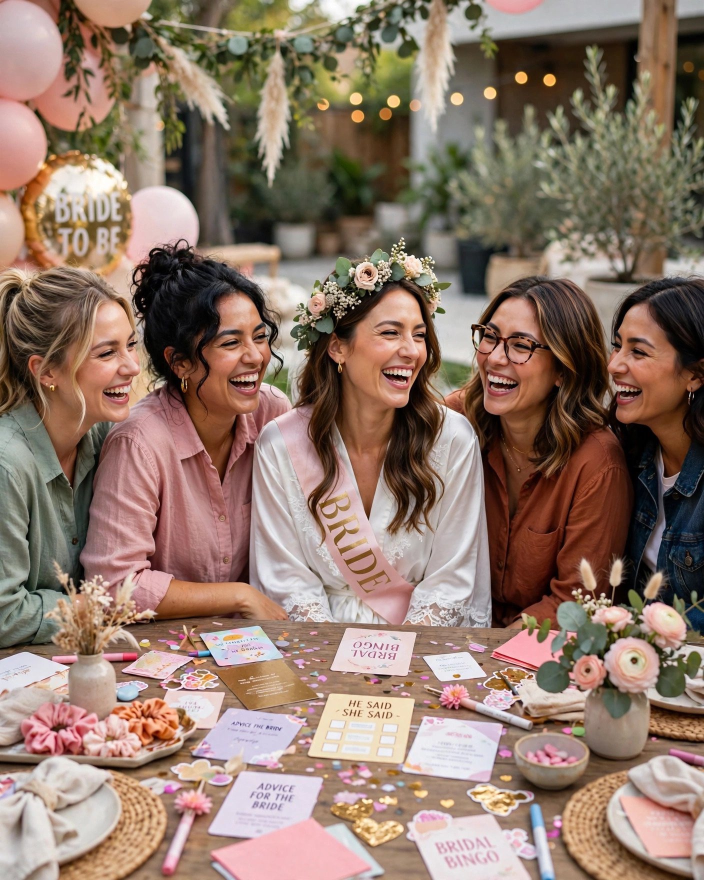 Joyful bridal shower guests laughing during games and activities