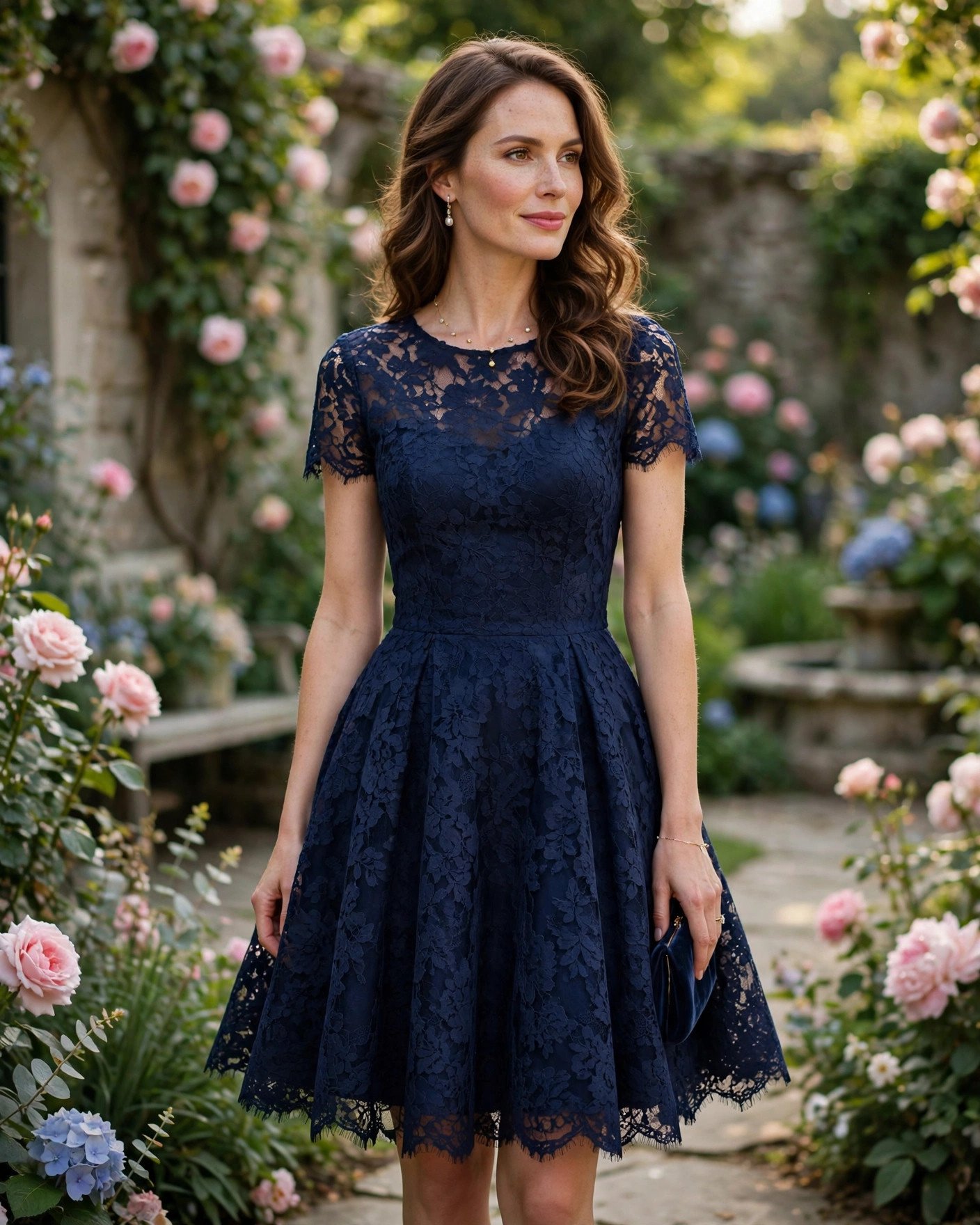Navy lace fit-and-flare cocktail dress for a wedding