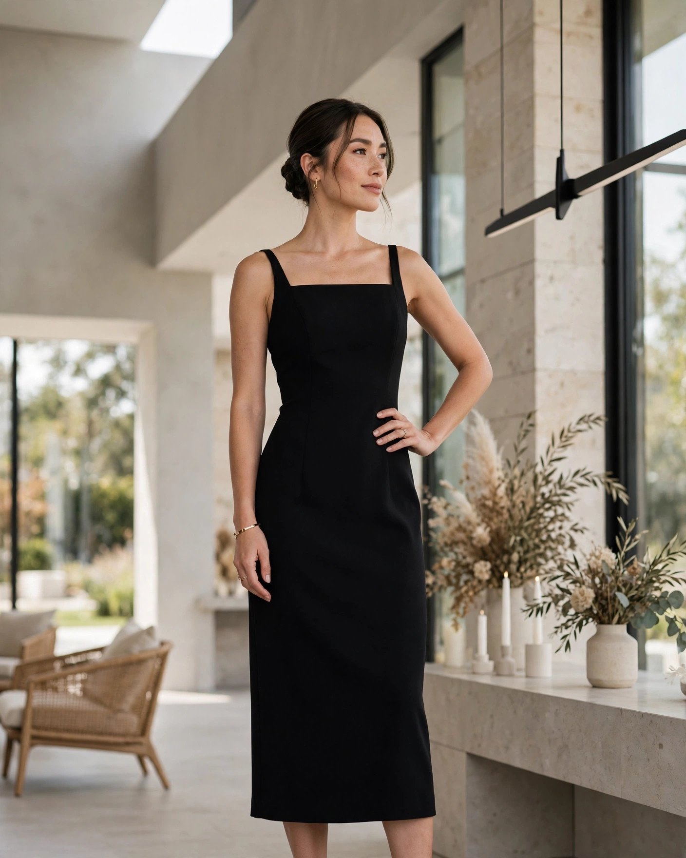Sleek minimalist black midi cocktail dress for a modern wedding