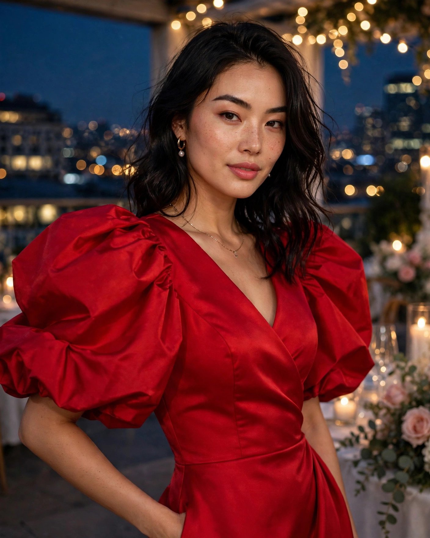 Bold red statement cocktail dress with dramatic sleeves for a wedding