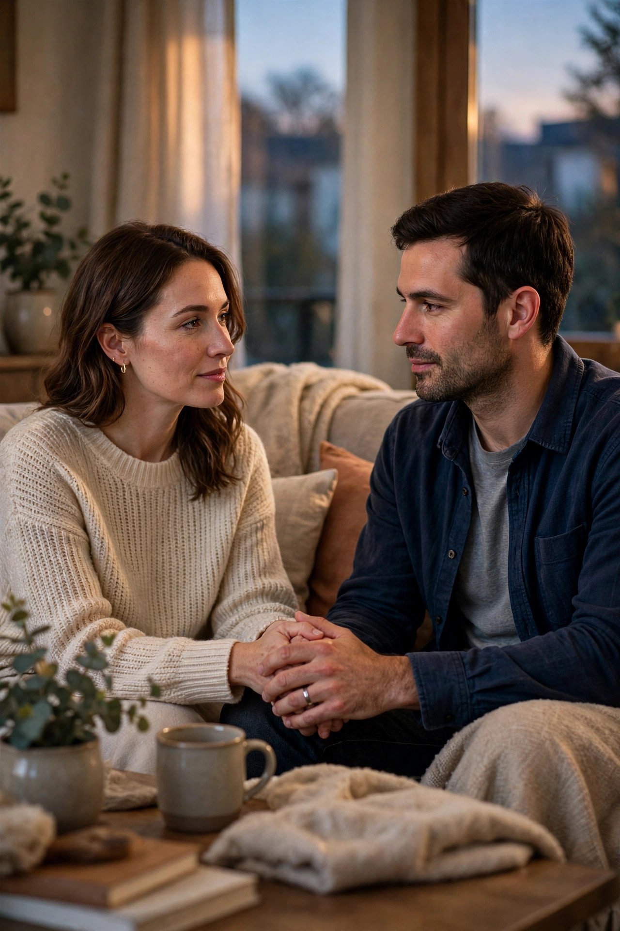 Couple sitting together on a sofa, talking calmly and holding hands after a disagreement