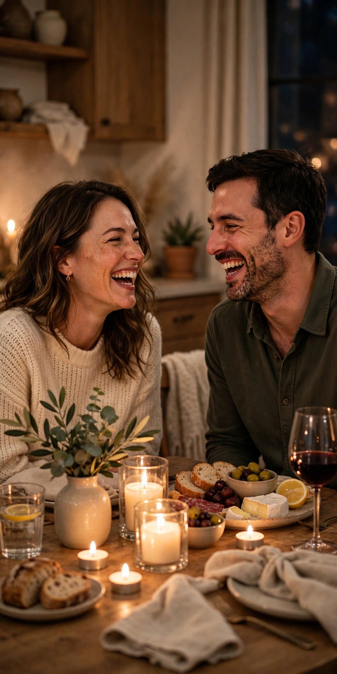 Couple enjoying a candlelit dinner at home with phones put away, laughing together