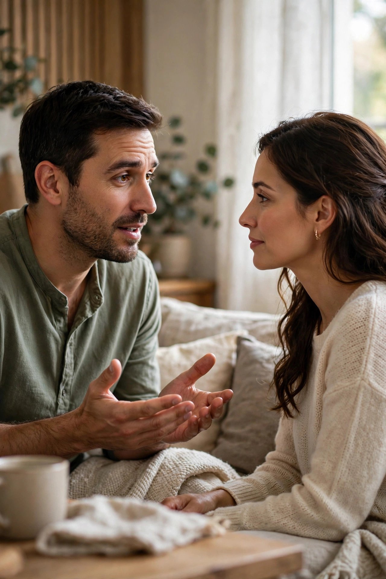 Husband offering a sincere apology to his wife with a gentle, open expression at home