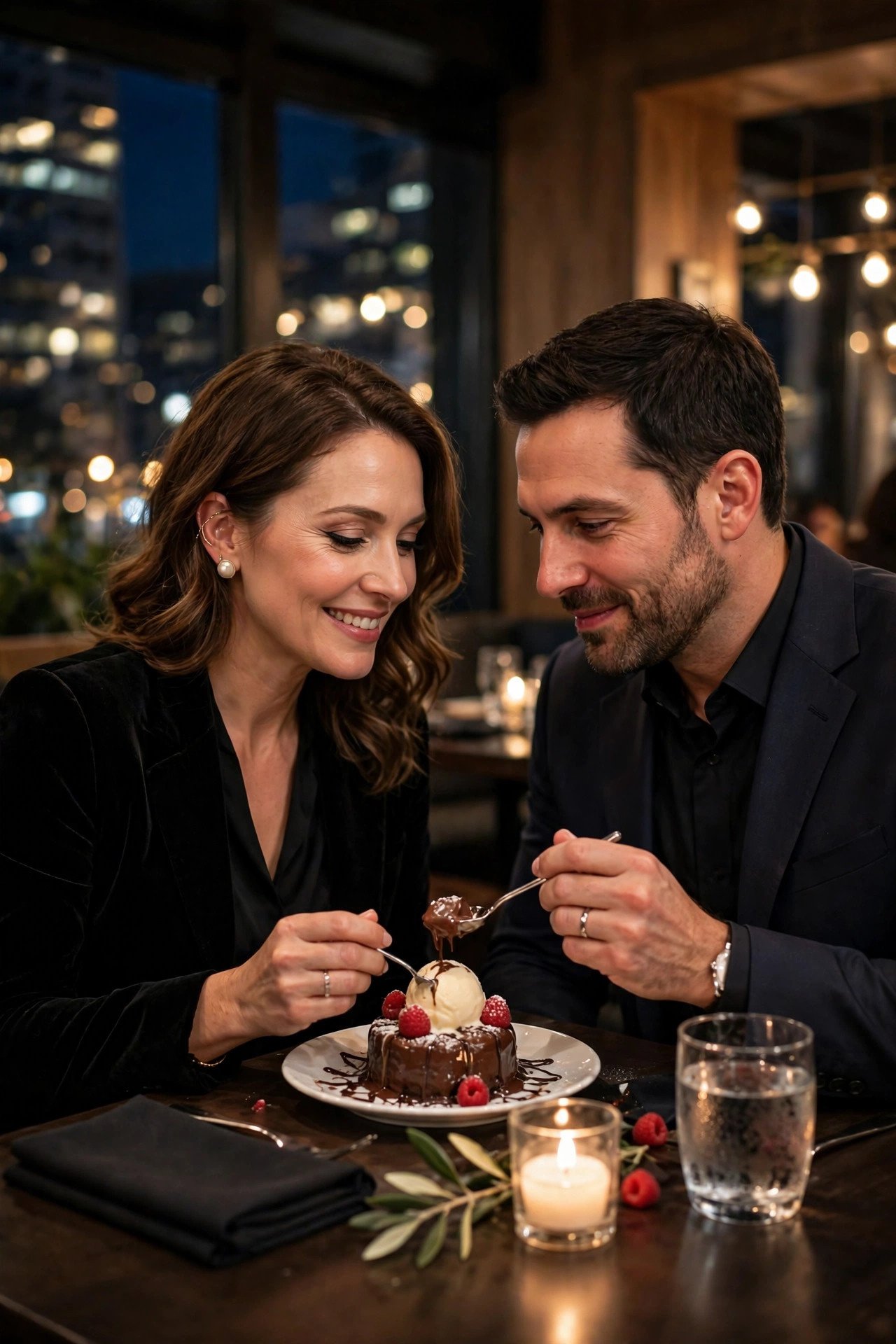 Couple dressed up sharing dessert at a small restaurant table on date night