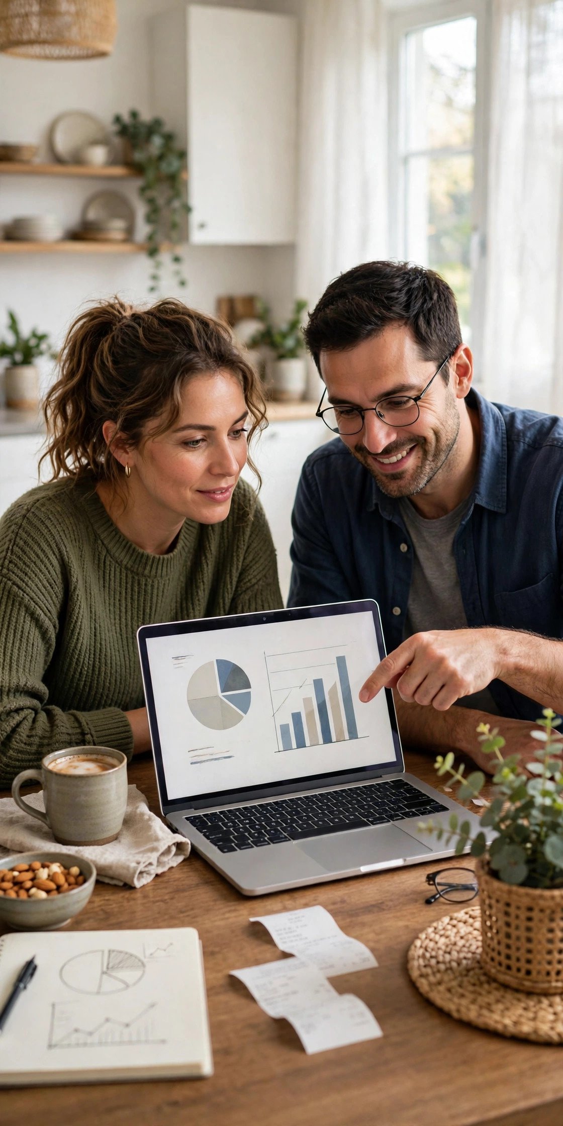 Couple reviewing a household budget together at a table with a laptop and coffee