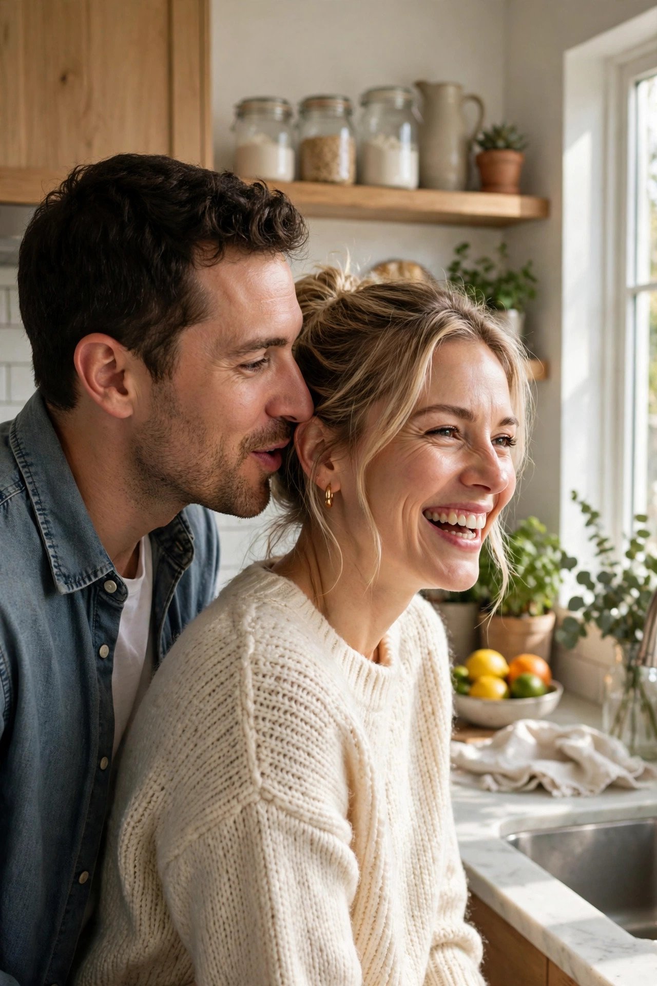 Husband whispering something playful to his smiling wife in their kitchen