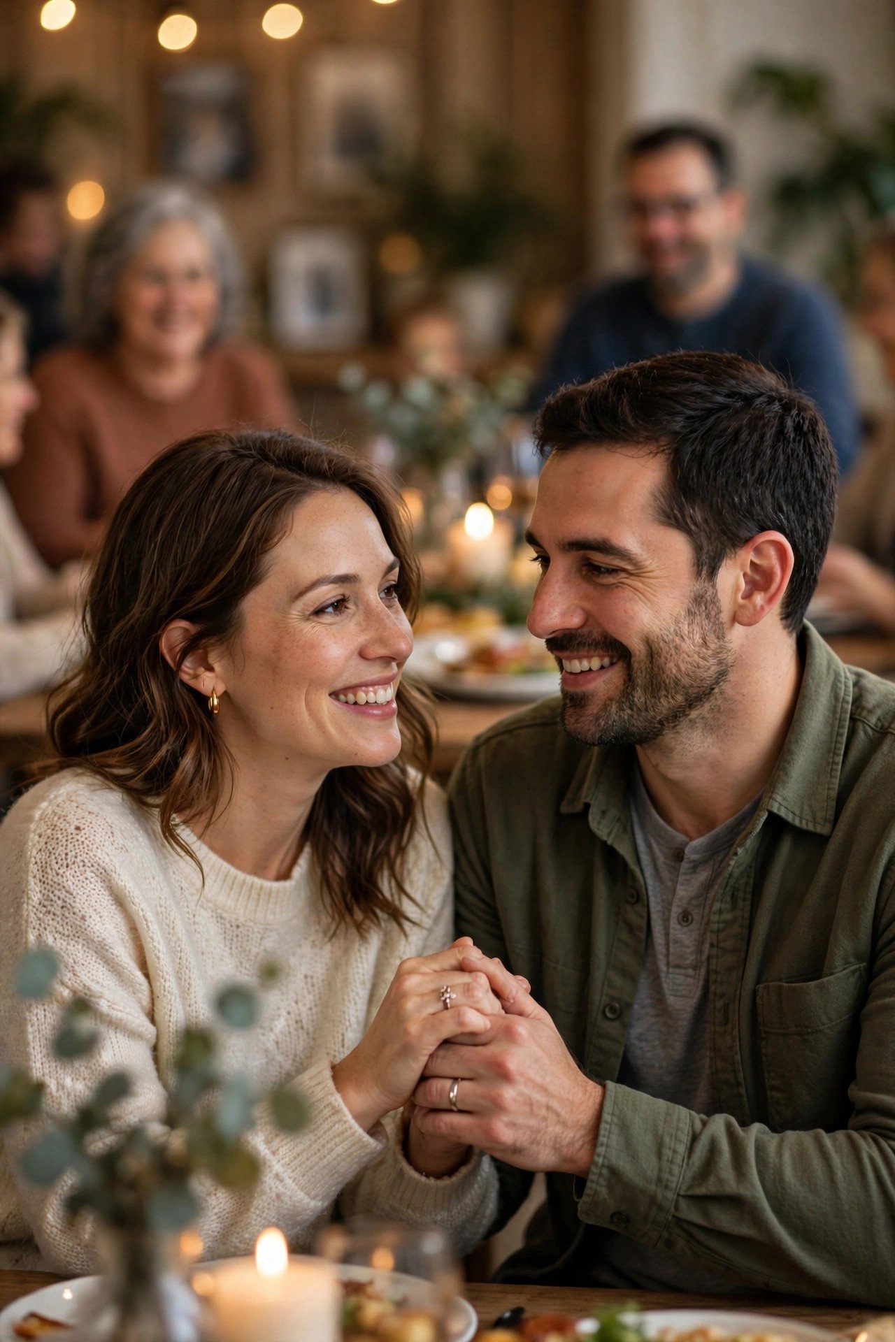Couple holding hands and smiling together at a family gathering