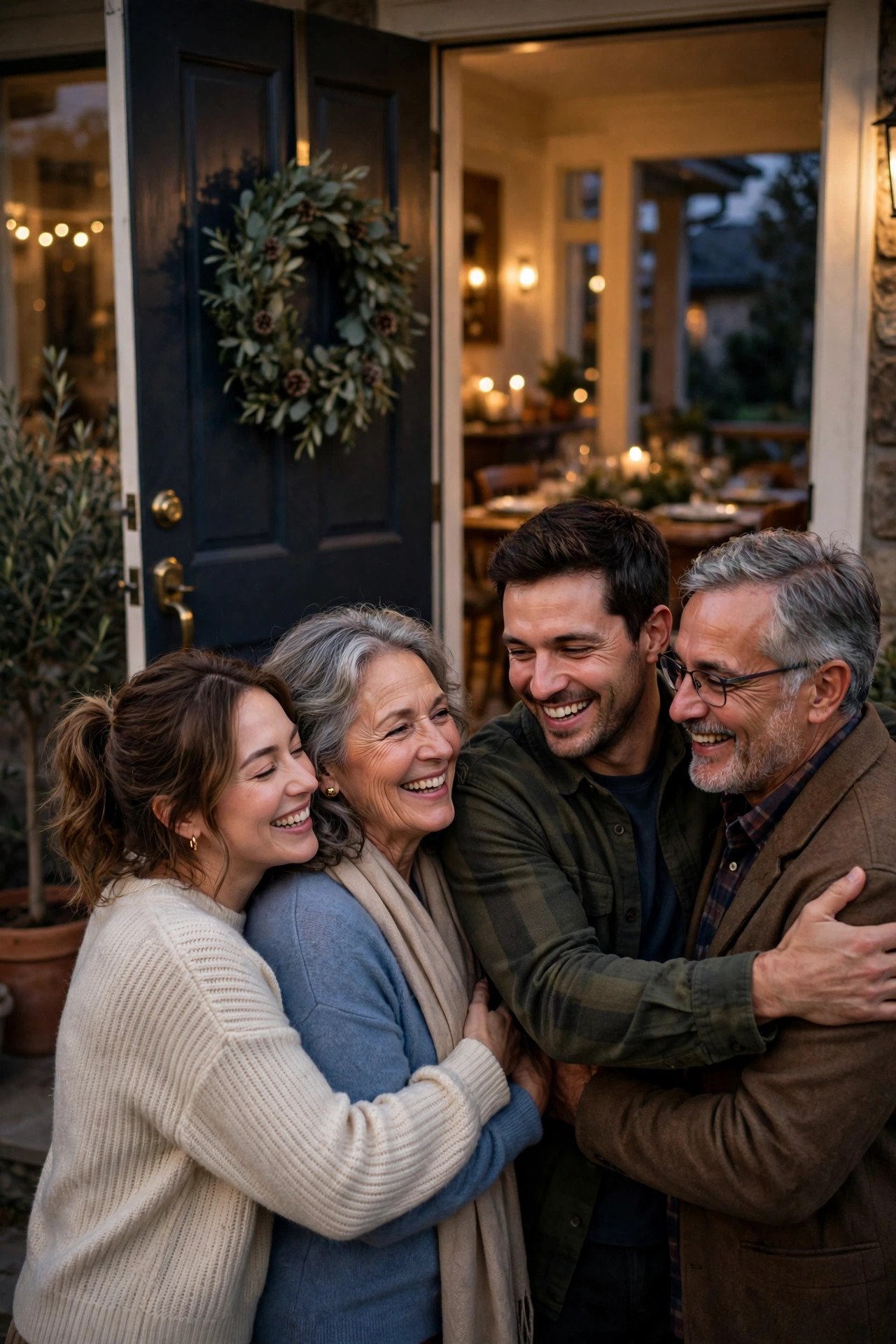 Couple welcoming parents at their front door for a warm family dinner