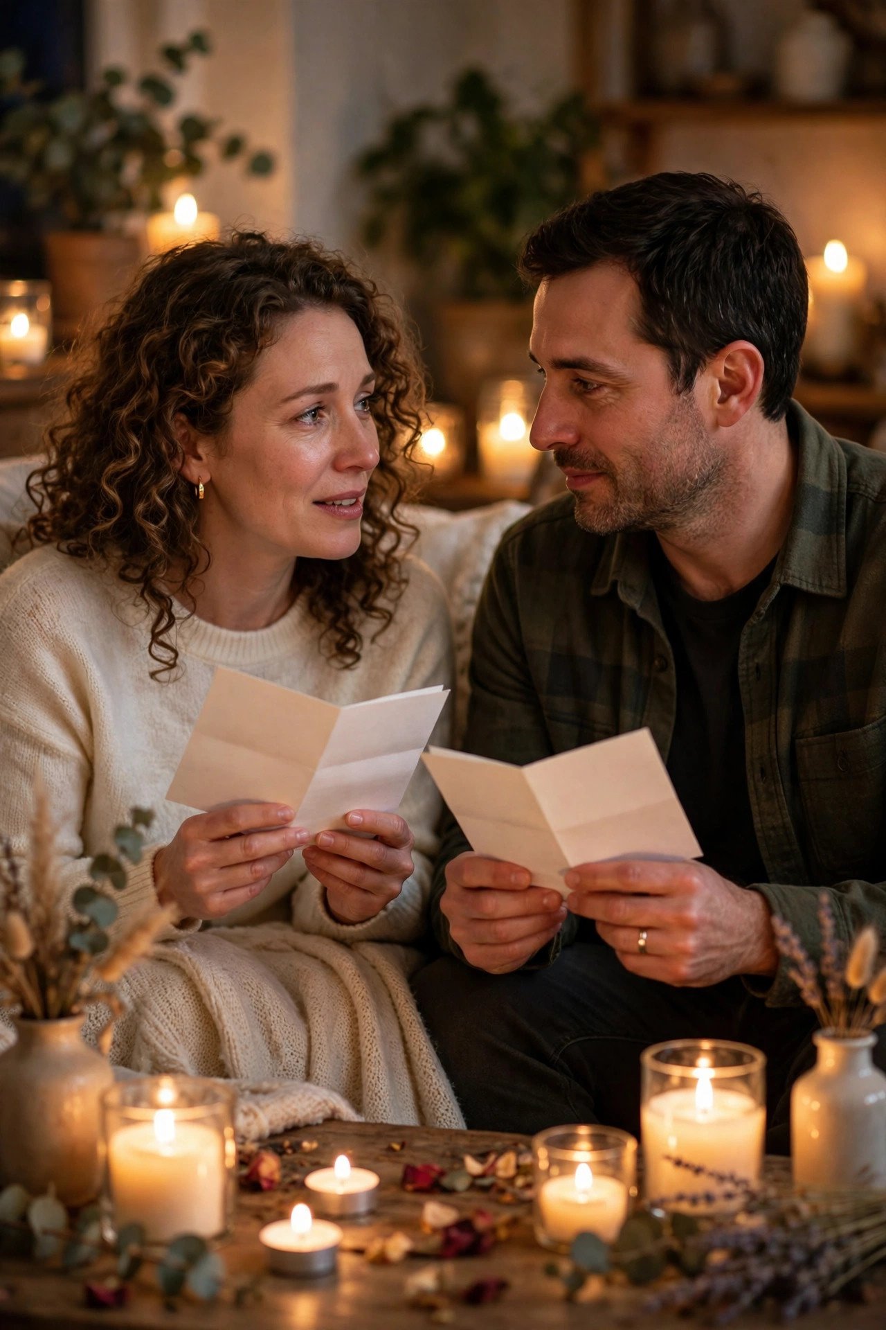 Couple reading handwritten vows to each other on their anniversary at home with candles