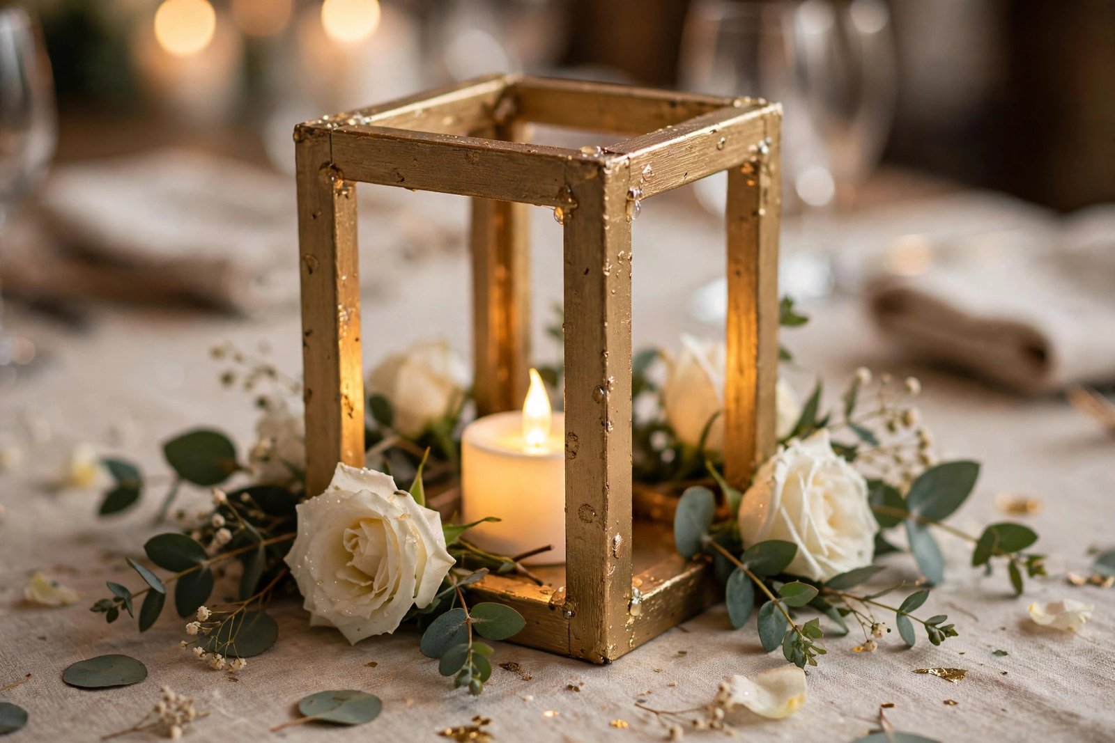 DIY Dollar Tree photo frame lantern centerpiece with glowing LED candle