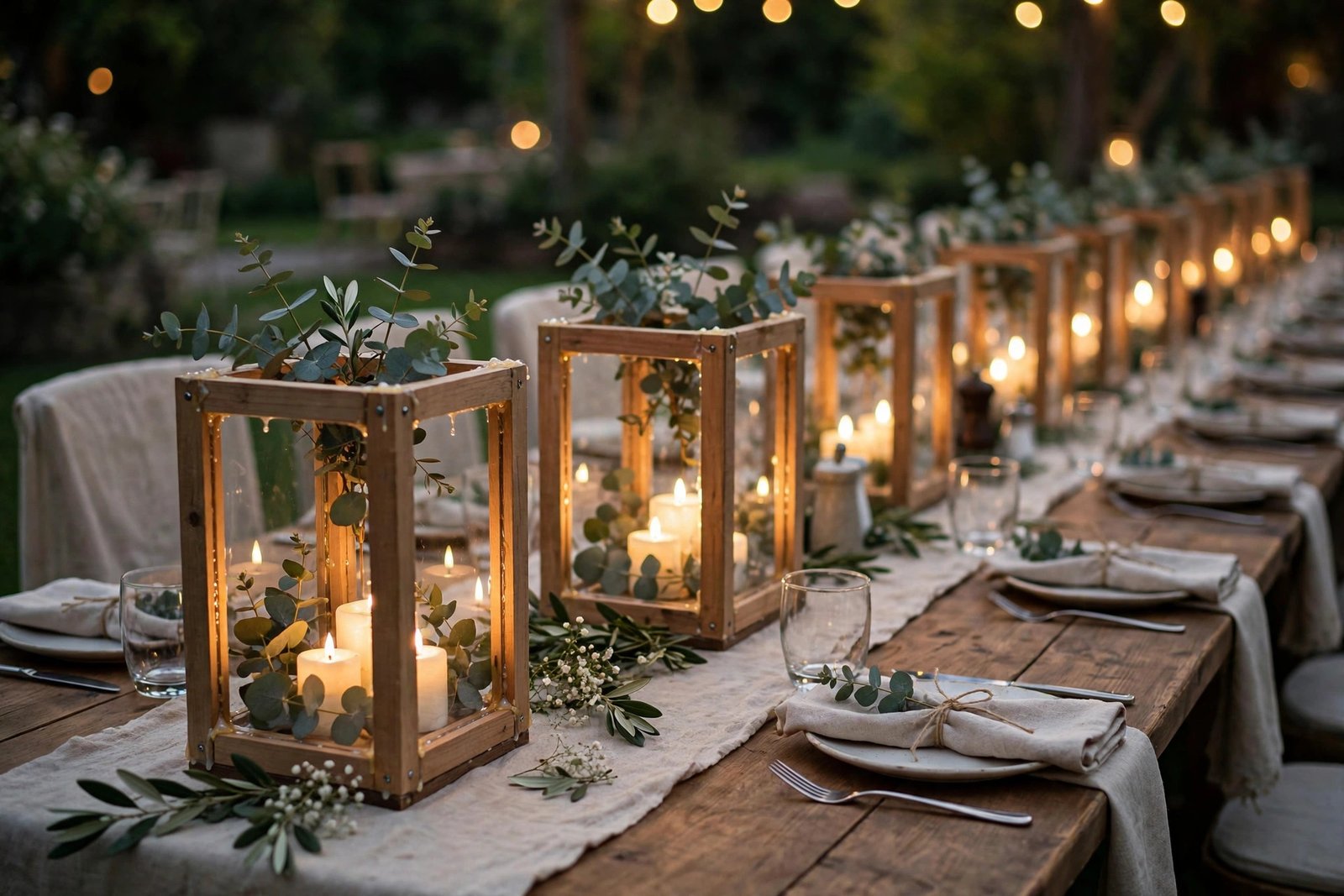DIY Dollar Tree picture frame box lanterns with LED candles lining a wedding table