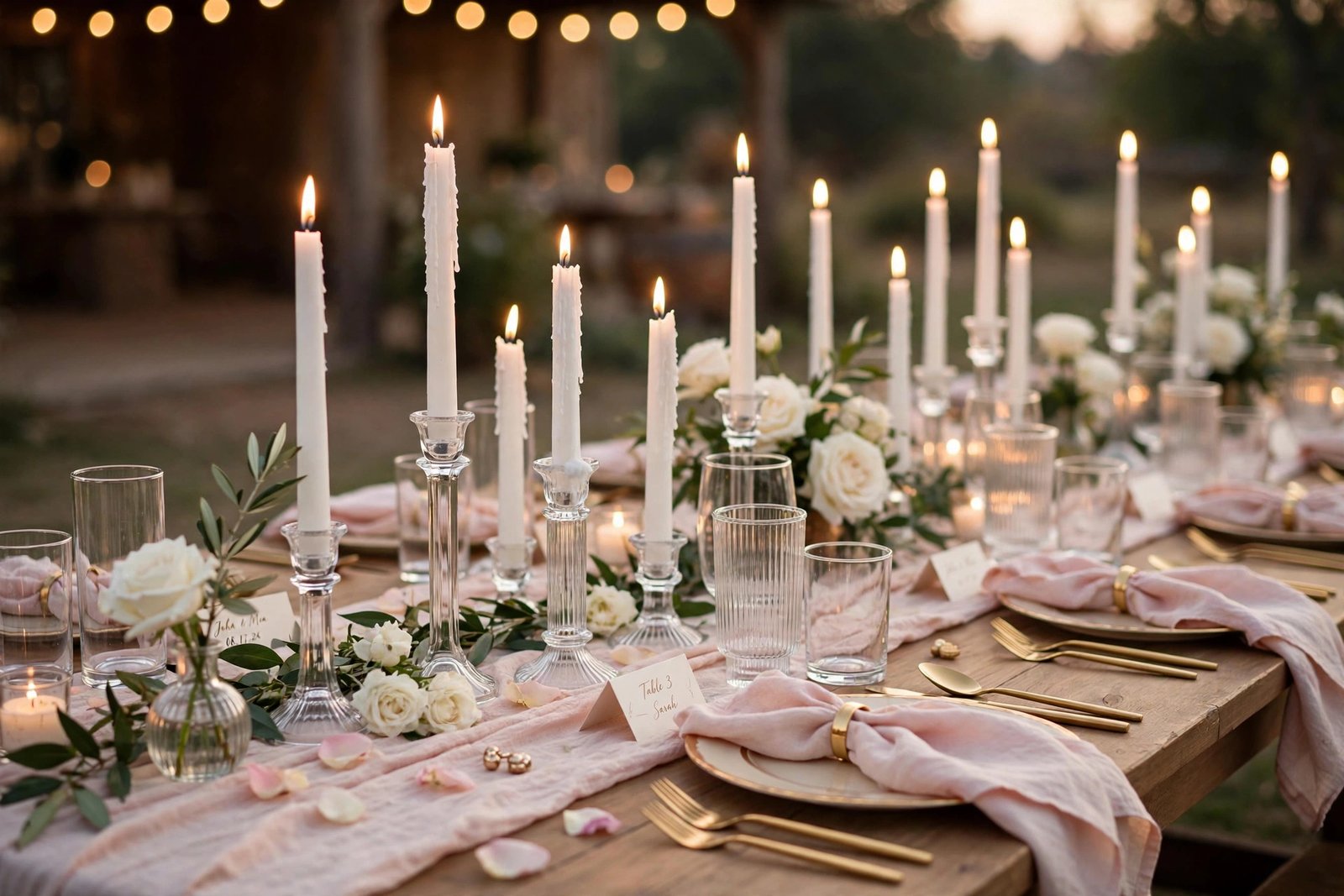 Dollar Tree taper candle holders with white taper candles on a wedding table