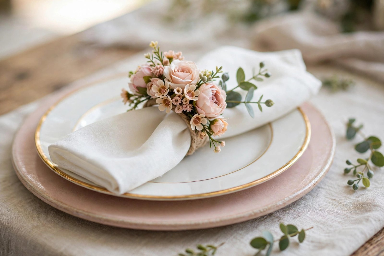 DIY faux flower napkin ring on an elegant wedding place setting