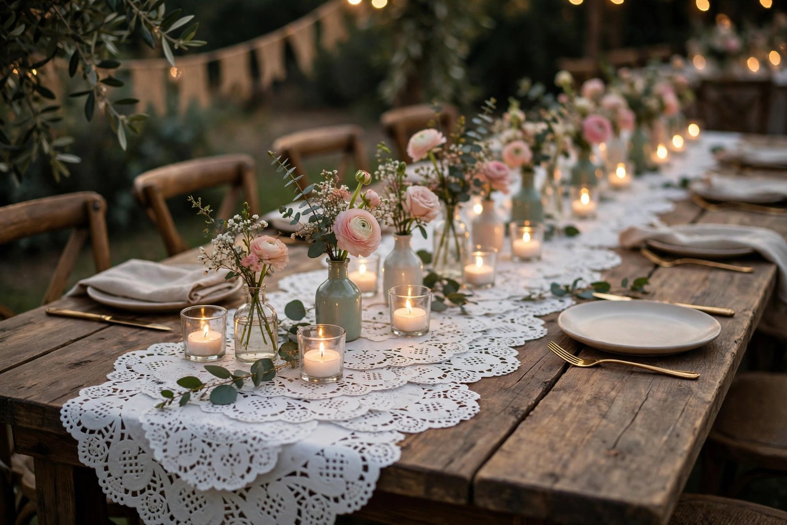 DIY white paper doily lace table runner on a rustic wedding table