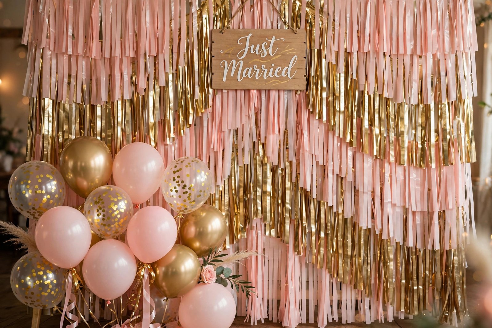 DIY fringe garland backdrop made from blush and gold plastic tablecloth strips