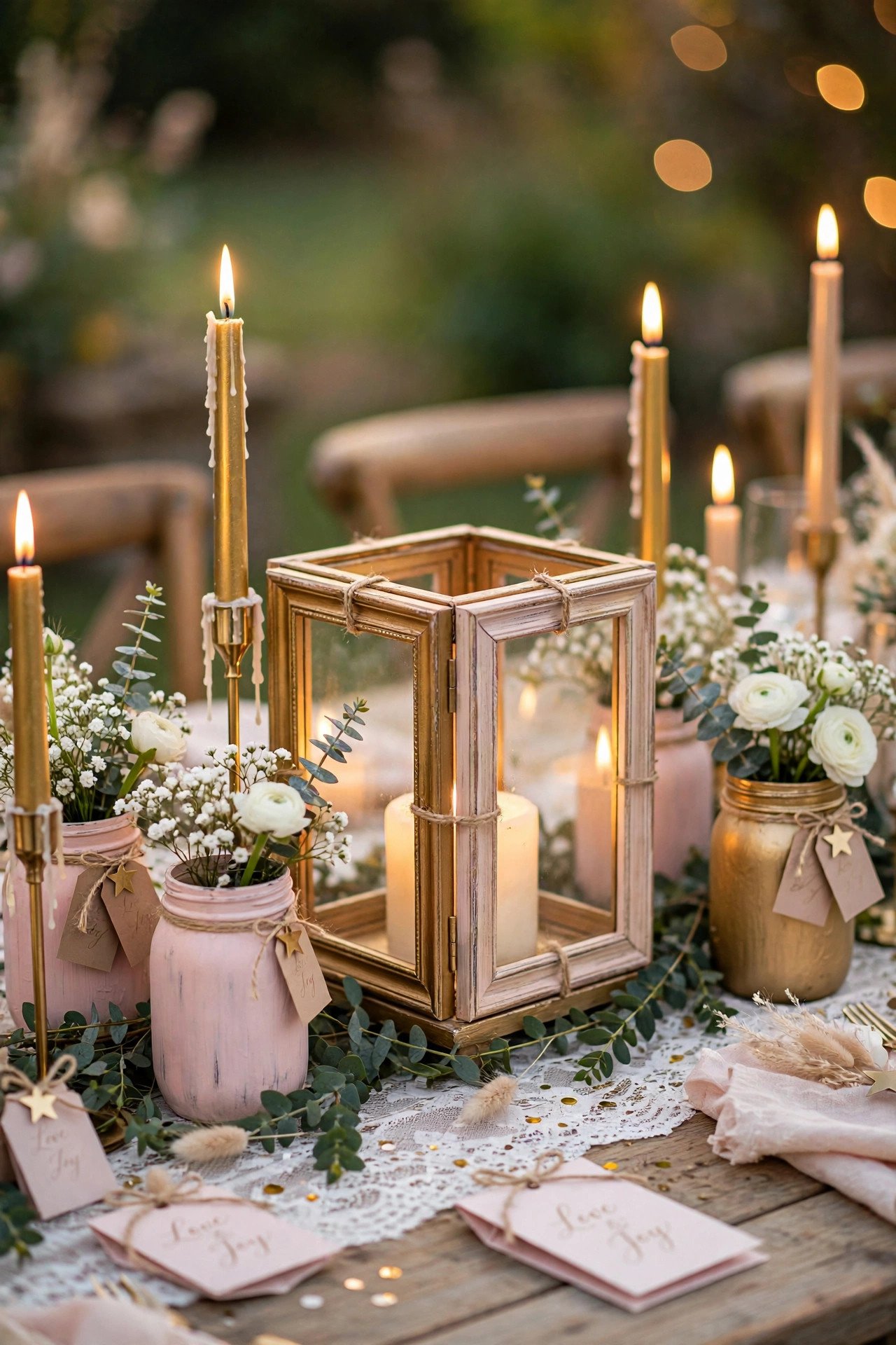 DIY Dollar Tree wedding decor tablescape with photo frame lantern centerpiece, candles and flowers