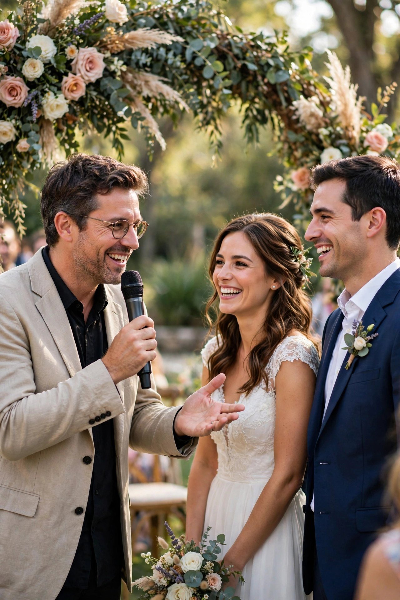 Wedding officiant warmly welcoming guests with a microphone at an outdoor ceremony