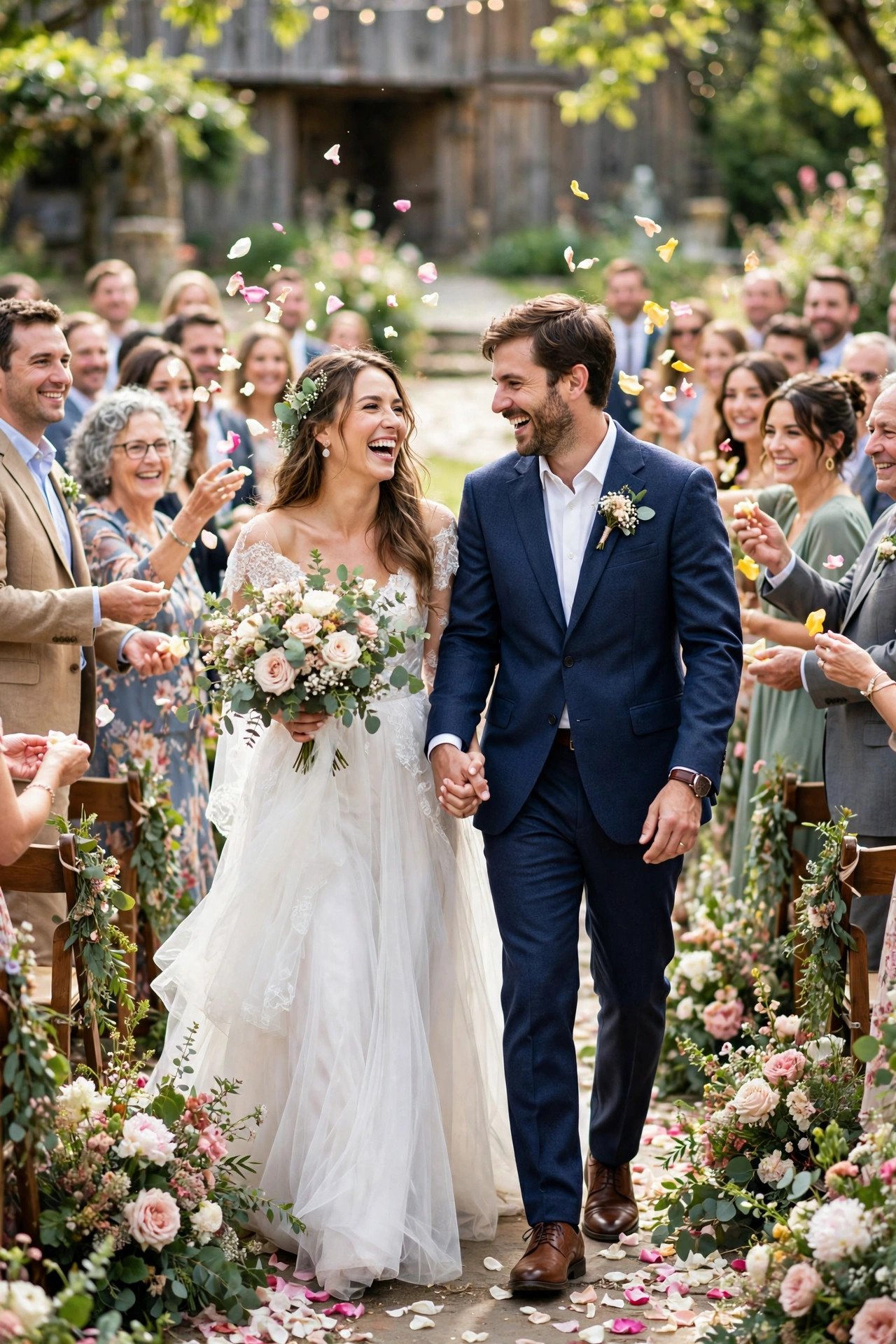 Happy couple walking down the wedding aisle together holding hands and laughing