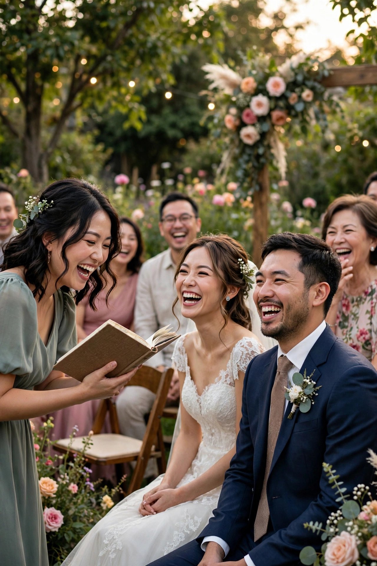 Guest giving a funny reading at a wedding ceremony while the couple laughs