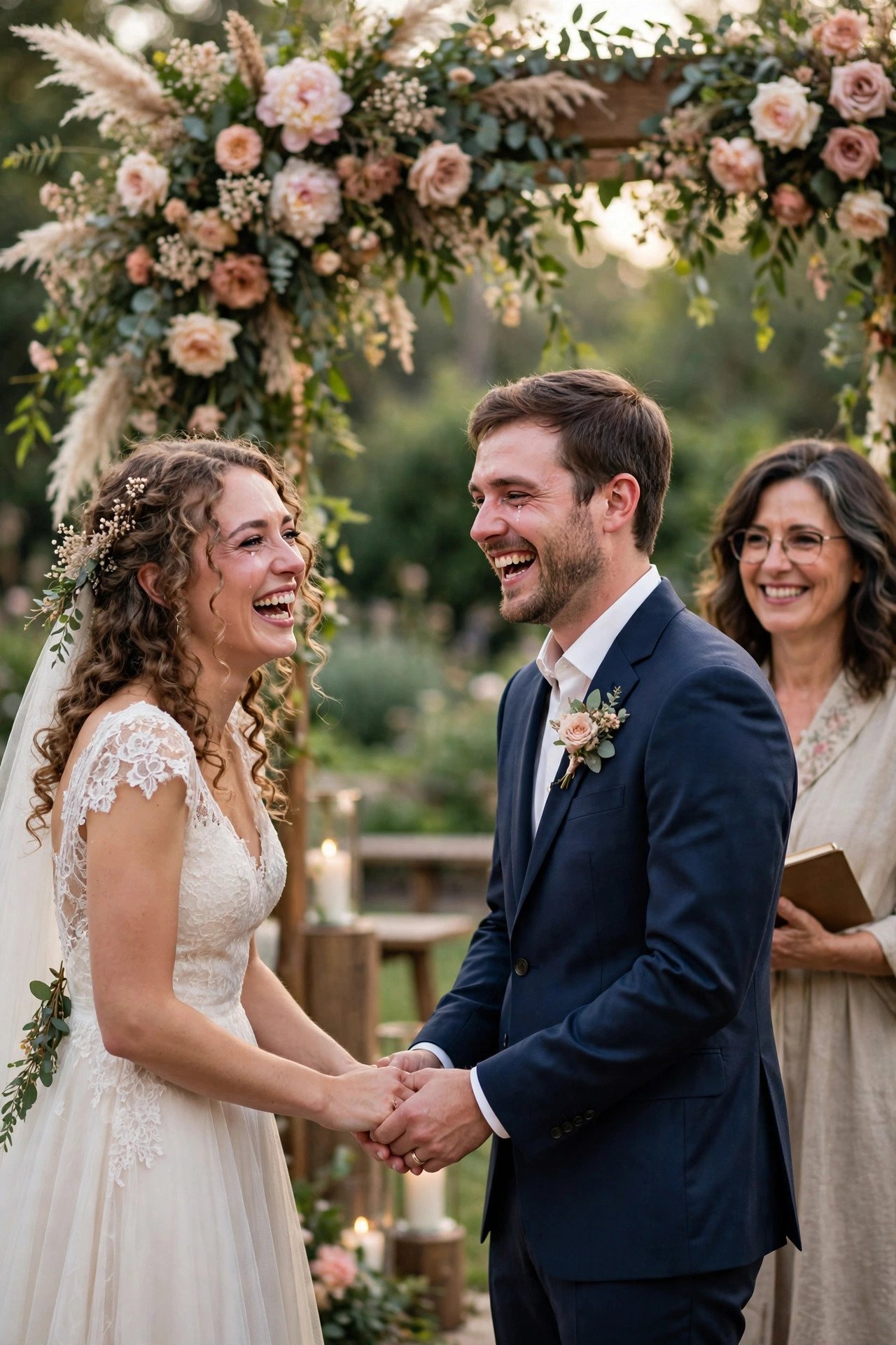 Bride and groom laughing through happy tears while exchanging wedding vows
