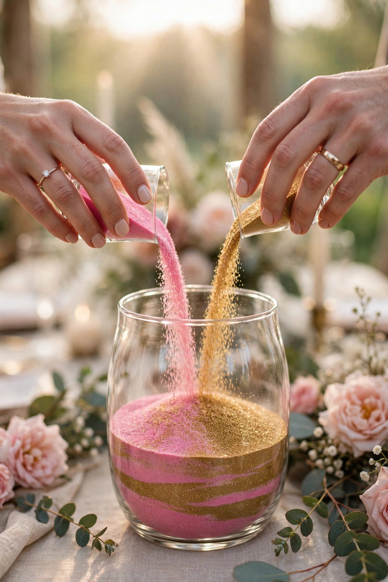Couple pouring colored sand into a glass vase during a unity sand ceremony