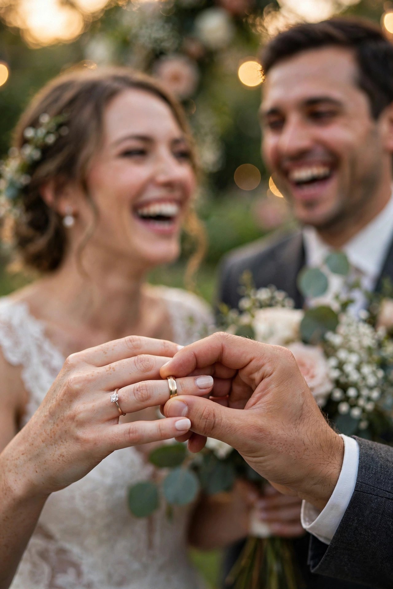 Close-up of wedding ring exchange with the laughing couple in the background