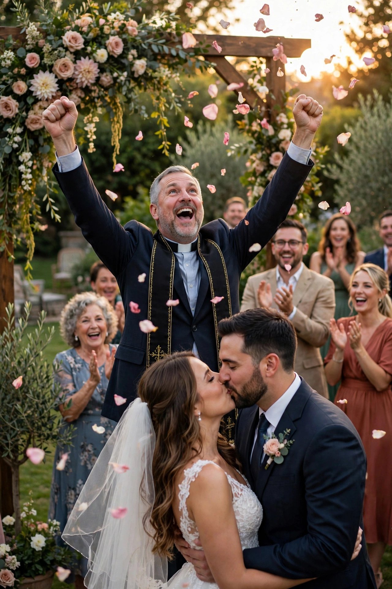 Officiant pronouncing the couple married as they kiss with guests cheering
