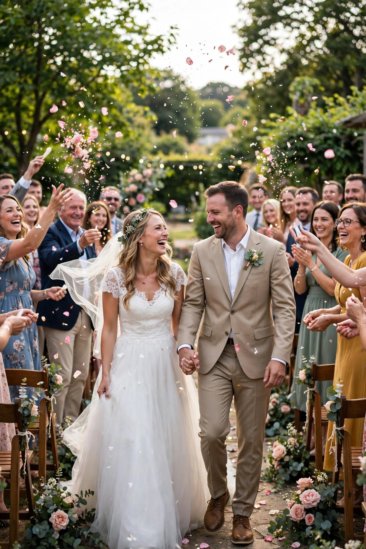 Newly married couple walking up the aisle through confetti and cheering guests