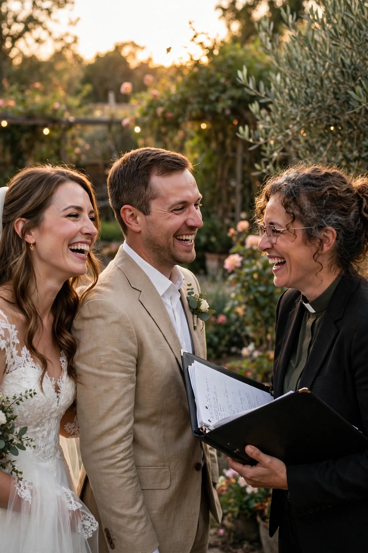 Bride and groom laughing with their wedding officiant after the ceremony